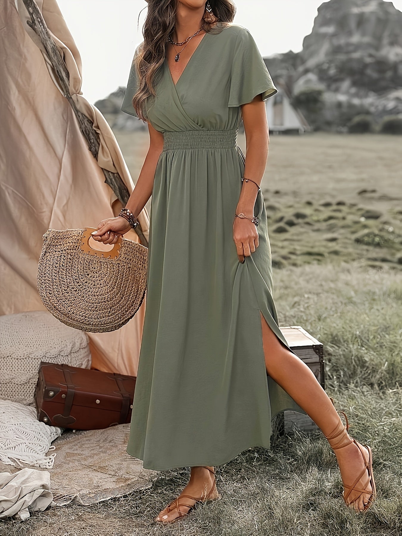 Women'S Solid Color Waist Pleated A-Line Dress