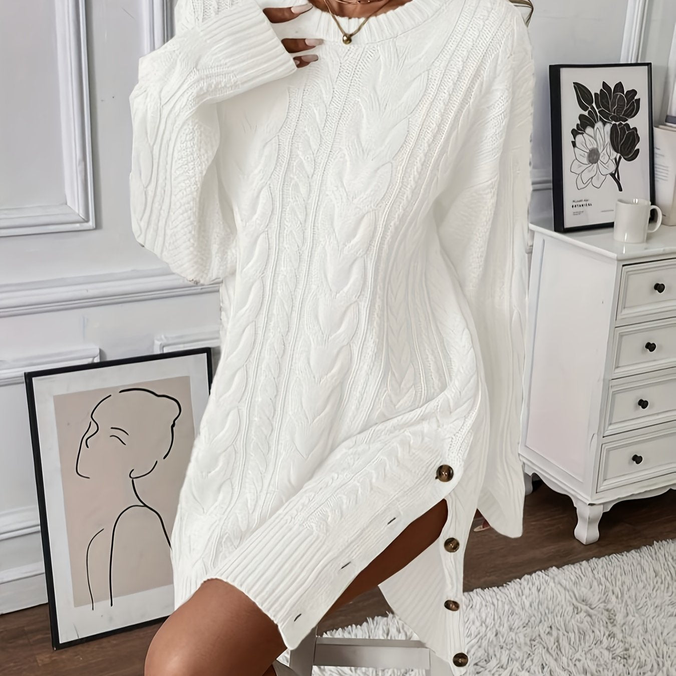 Women's White Cable Knit Sweater Dress
