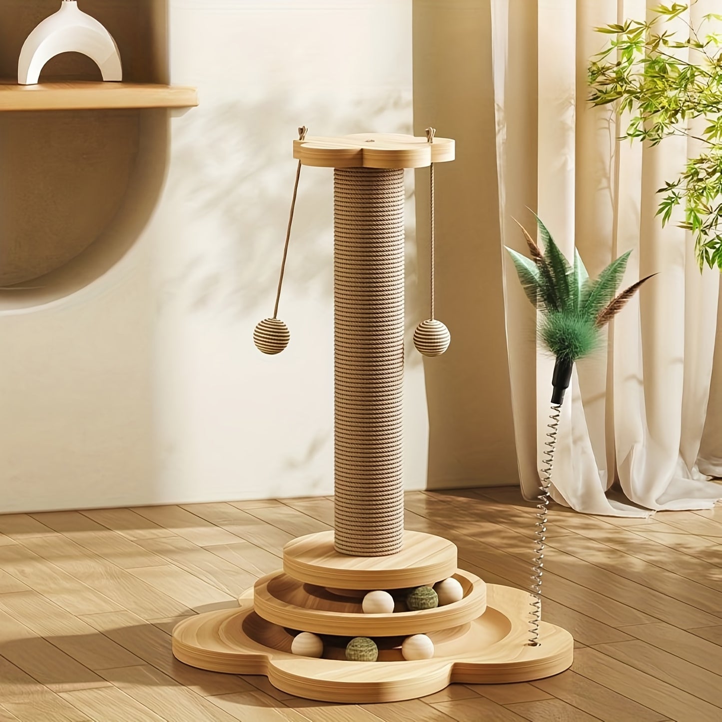 Interactive Cat Scratching Post Tower with Jute, Ball Track