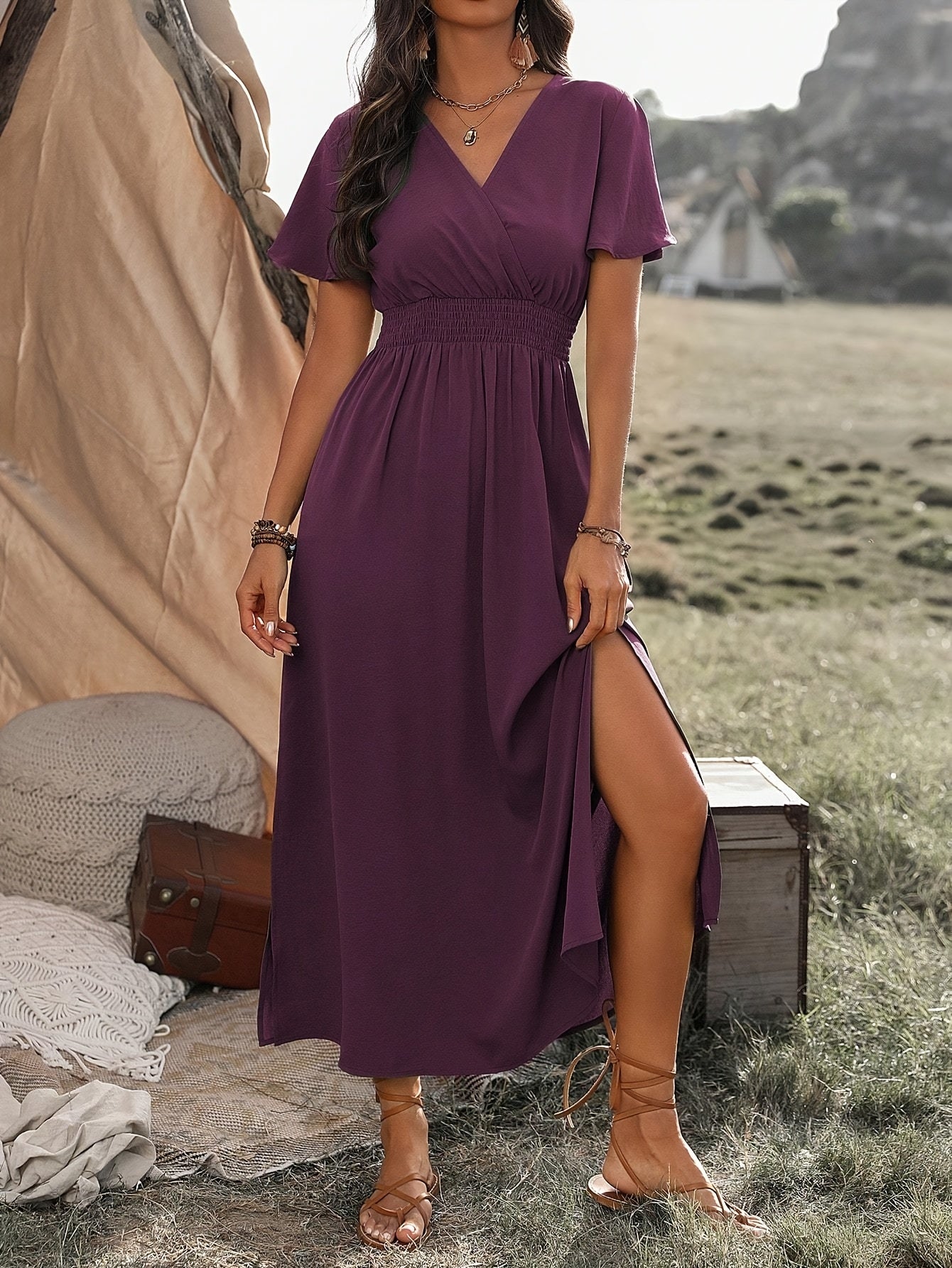 Women'S Solid Color Waist Pleated A-Line Dress