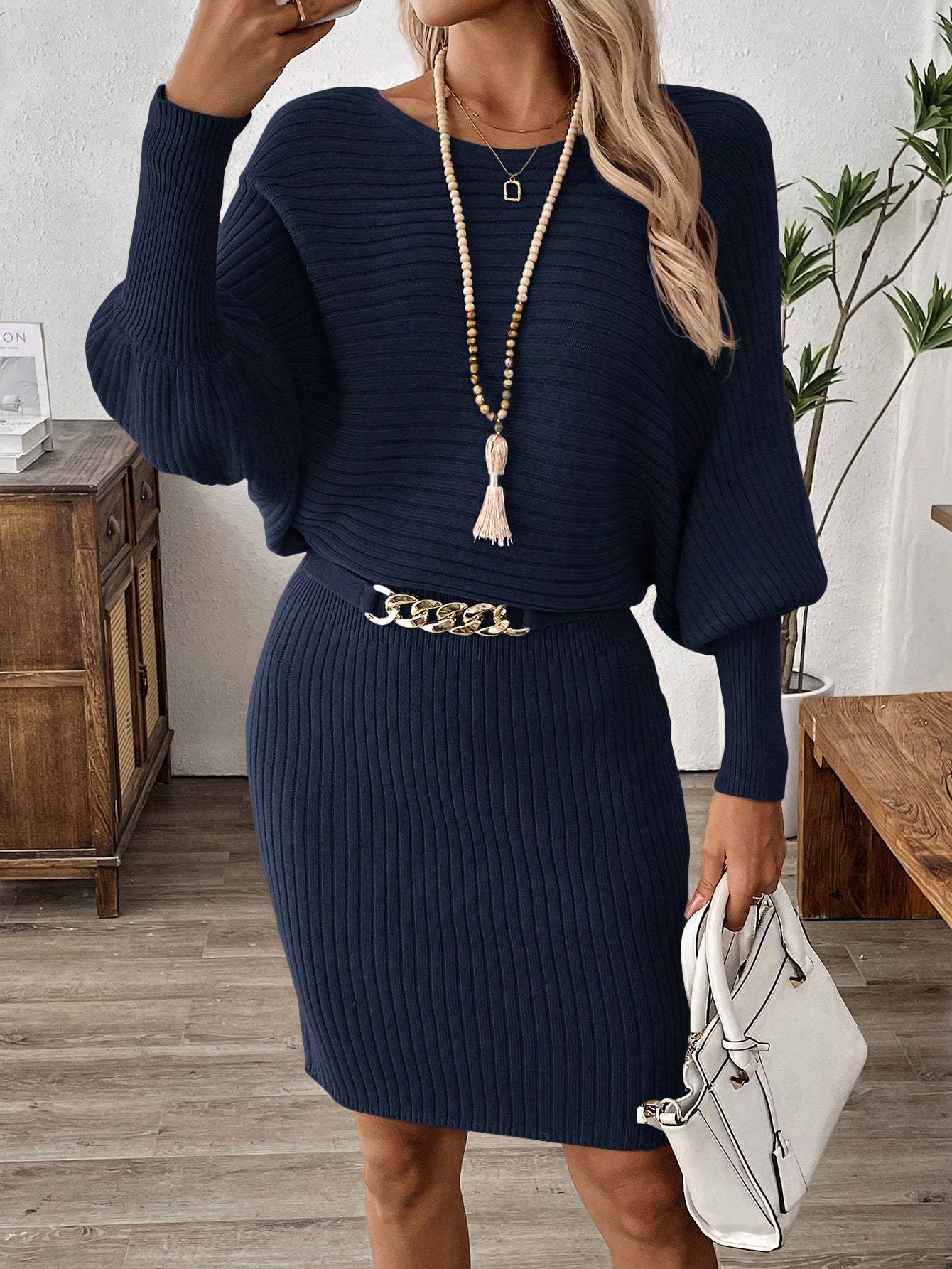 Women'S Ribbed Brown Sweater Dress