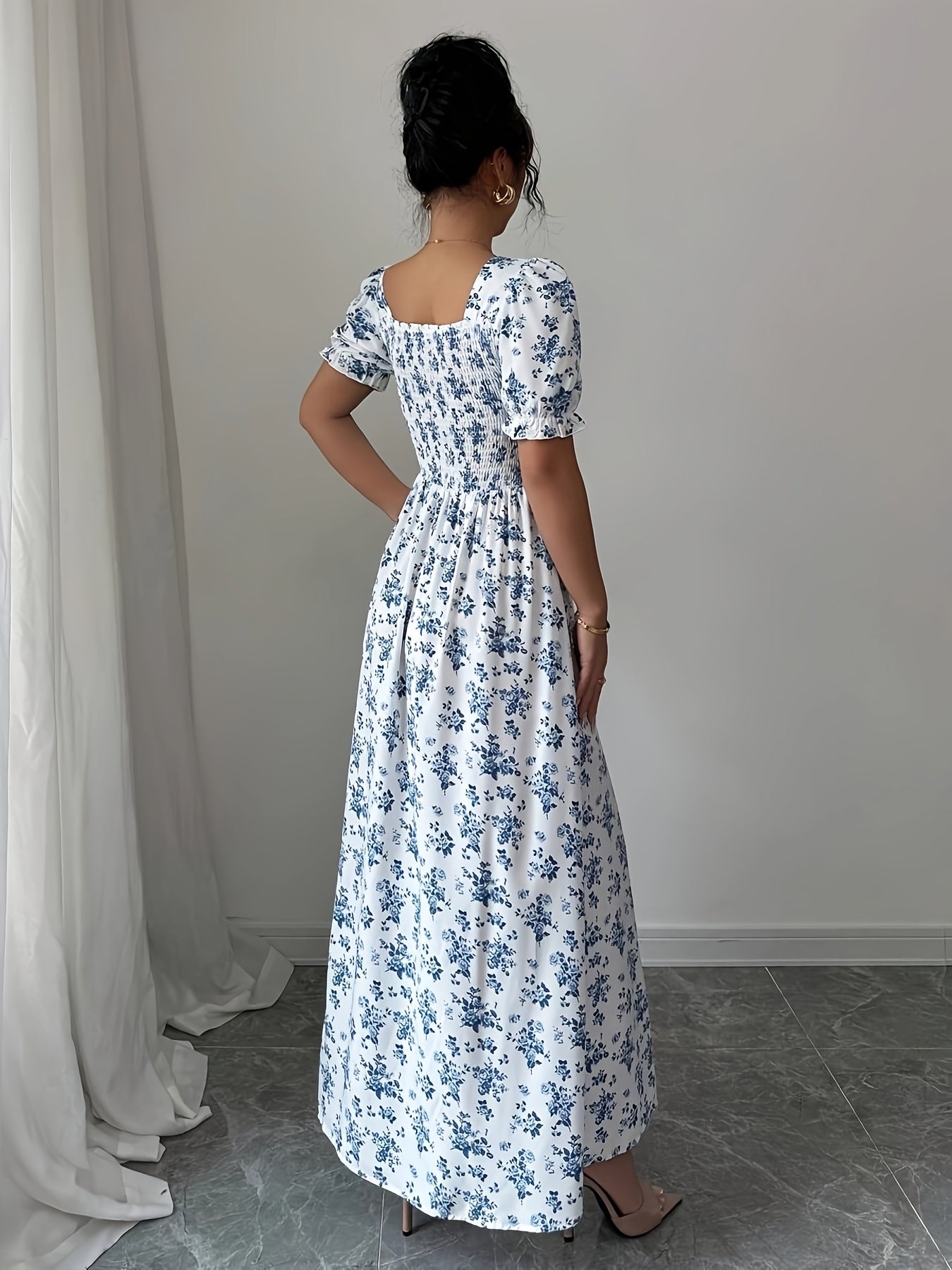Women'S Elegant Blue & White Floral Midi Dress