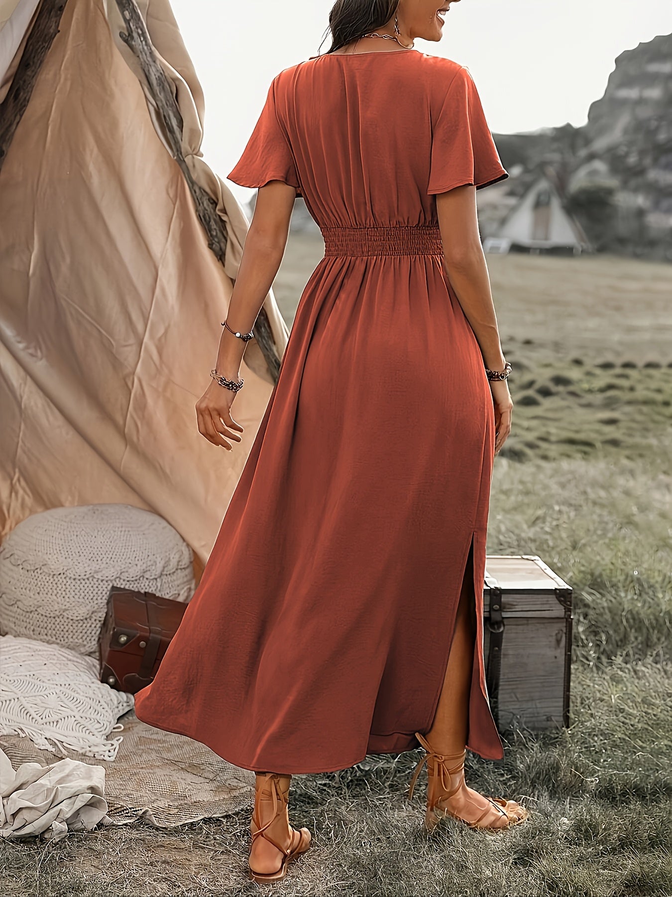 Women'S Solid Color Waist Pleated A-Line Dress