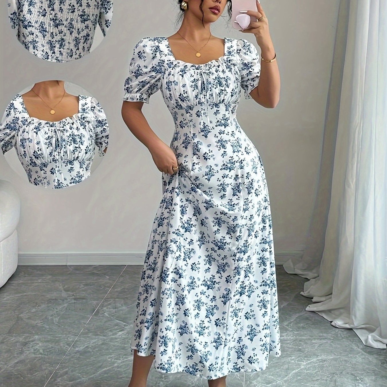 Women'S Elegant Blue & White Floral Midi Dress
