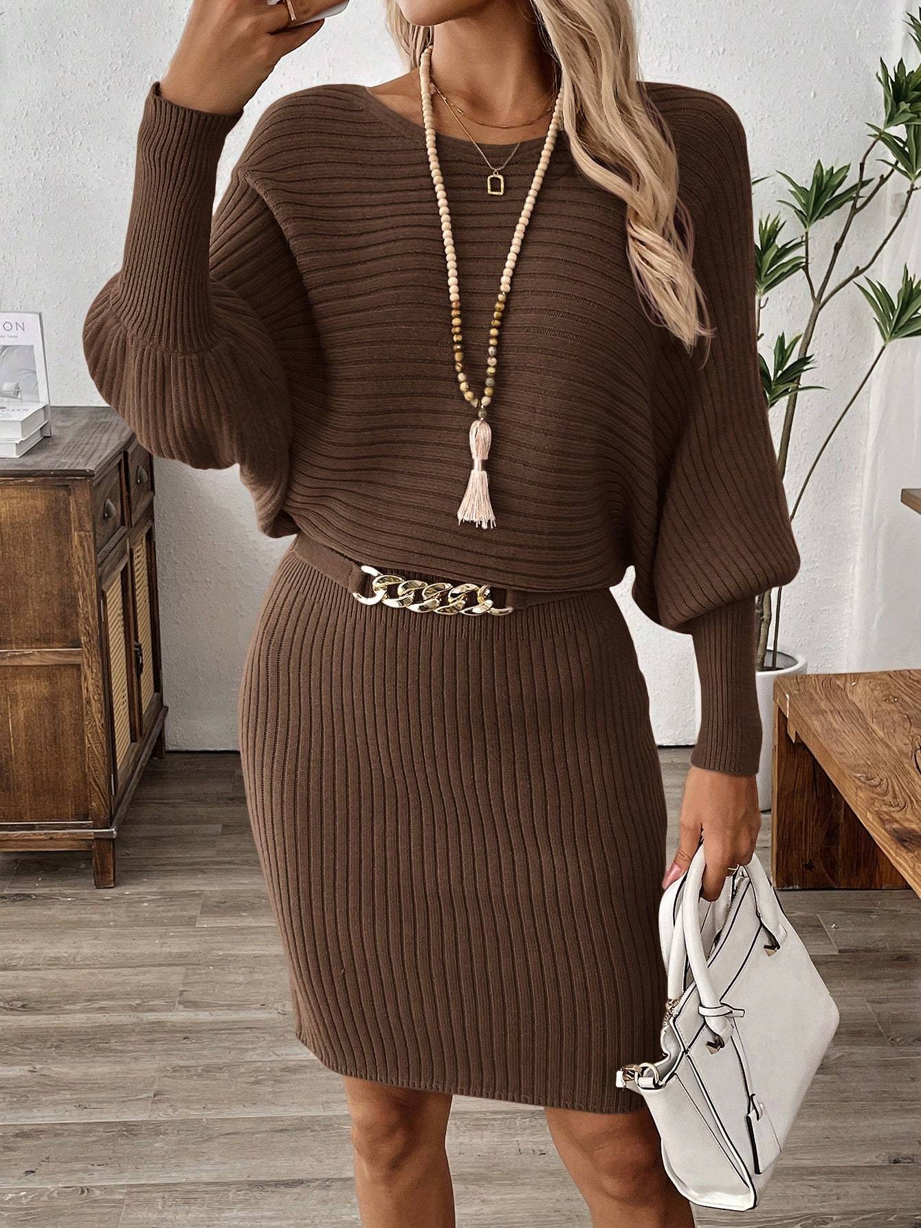 Women'S Ribbed Brown Sweater Dress