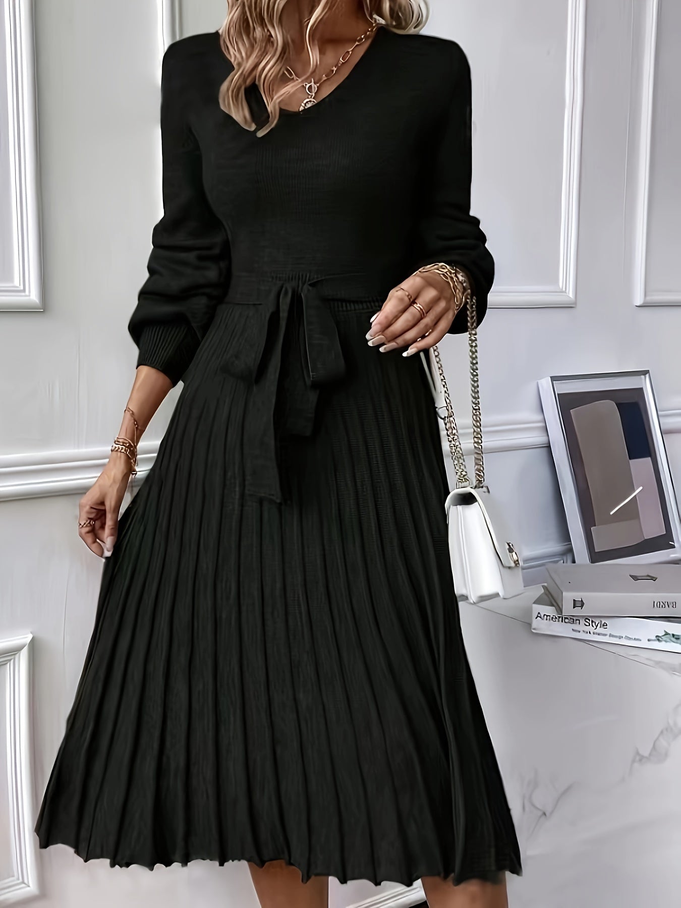 Lantern sleeve pleated hem and belted sweater dress