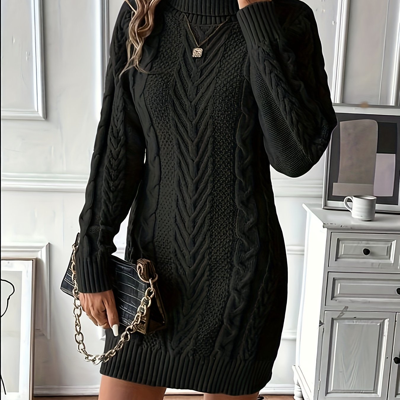 Elegant Women's Cable Knit Sweater Dress