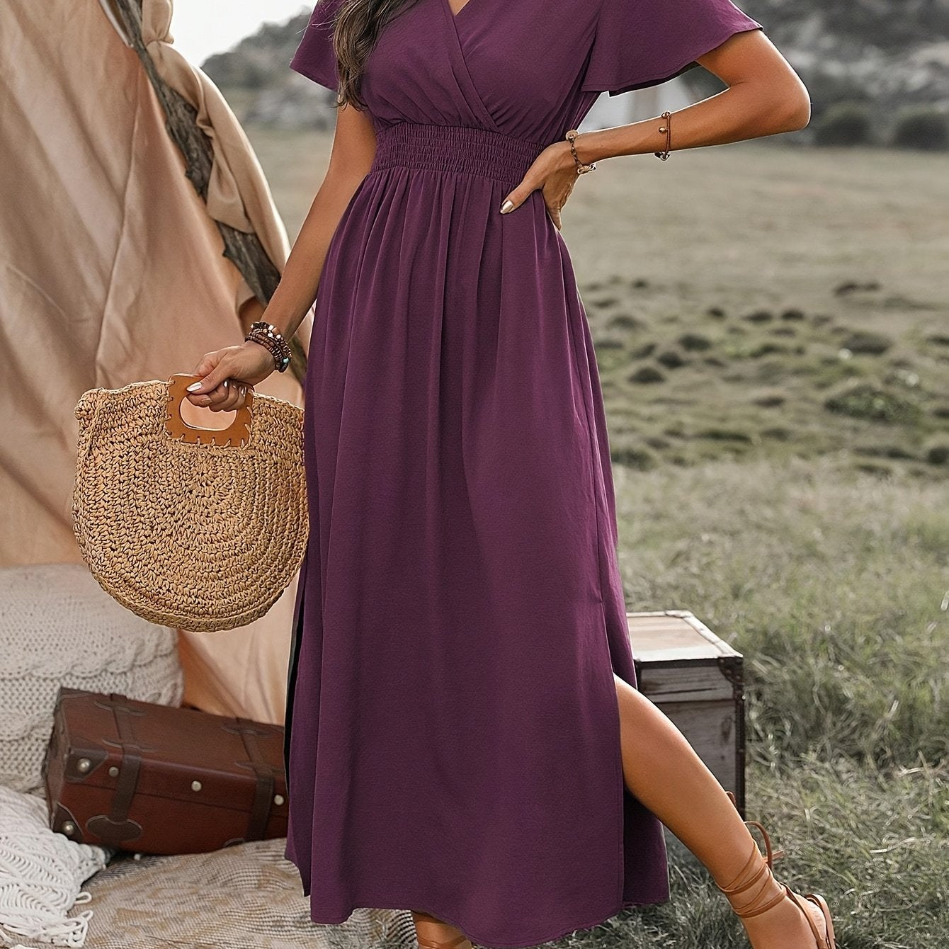 Women'S Solid Color Waist Pleated A-Line Dress