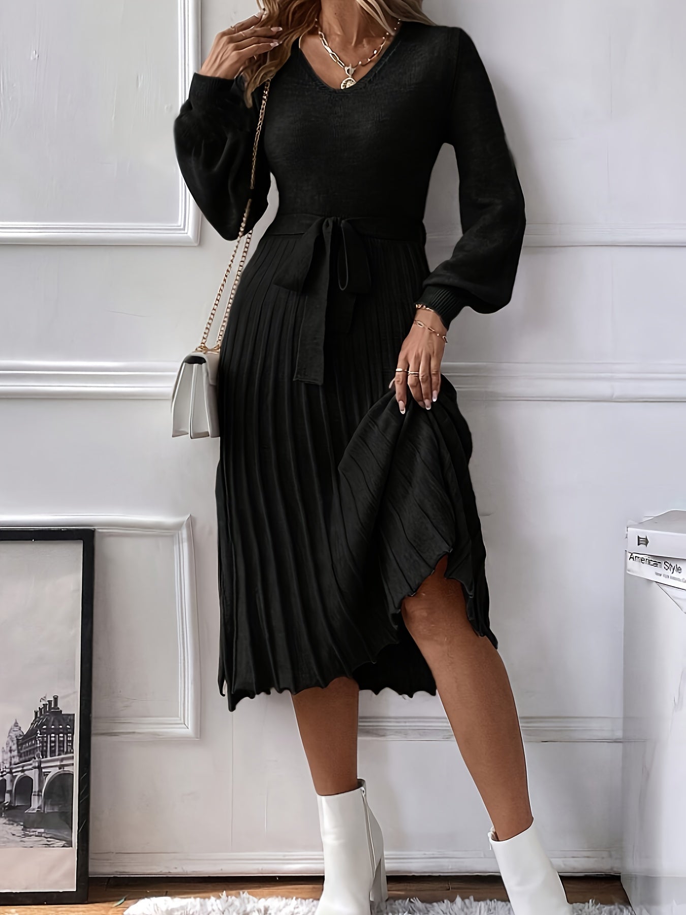 Lantern sleeve pleated hem and belted sweater dress