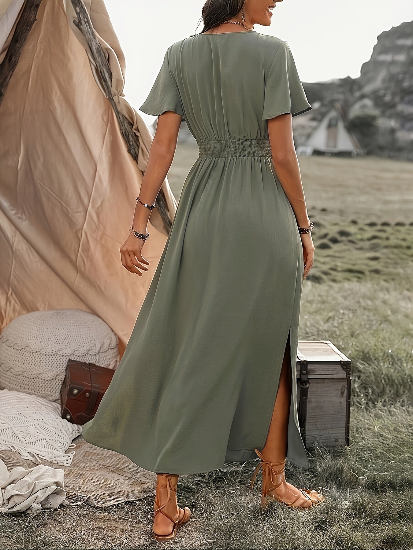 Women'S Solid Color Waist Pleated A-Line Dress