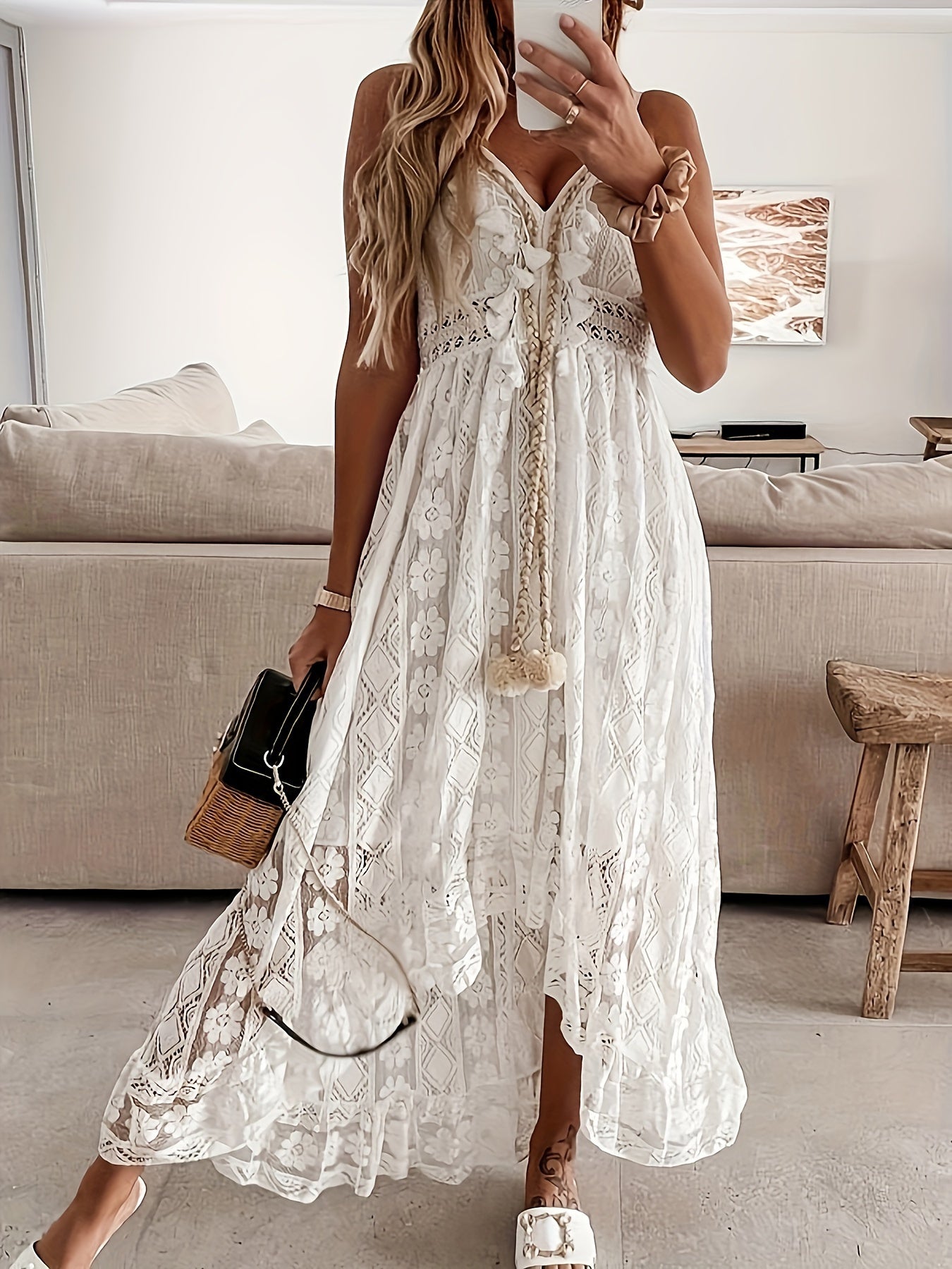 Elegant V-Neck Lace Slingback Maxi Dress