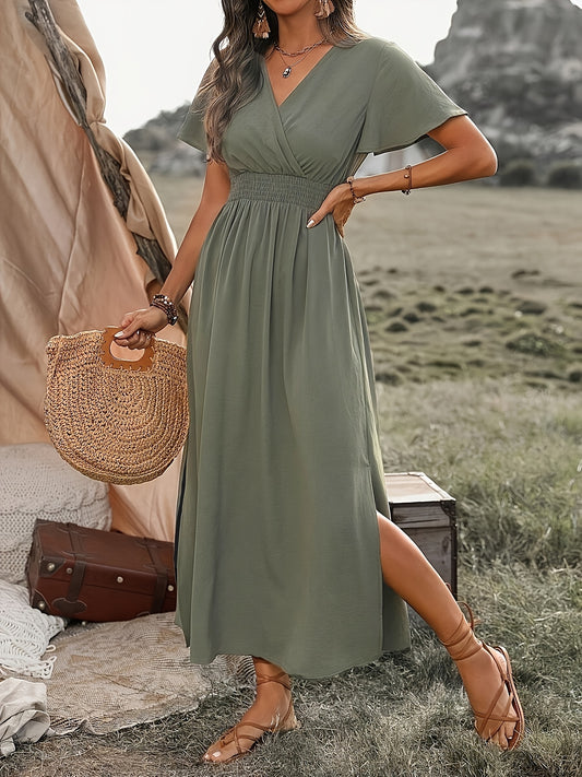 Women'S Solid Color Waist Pleated A-Line Dress
