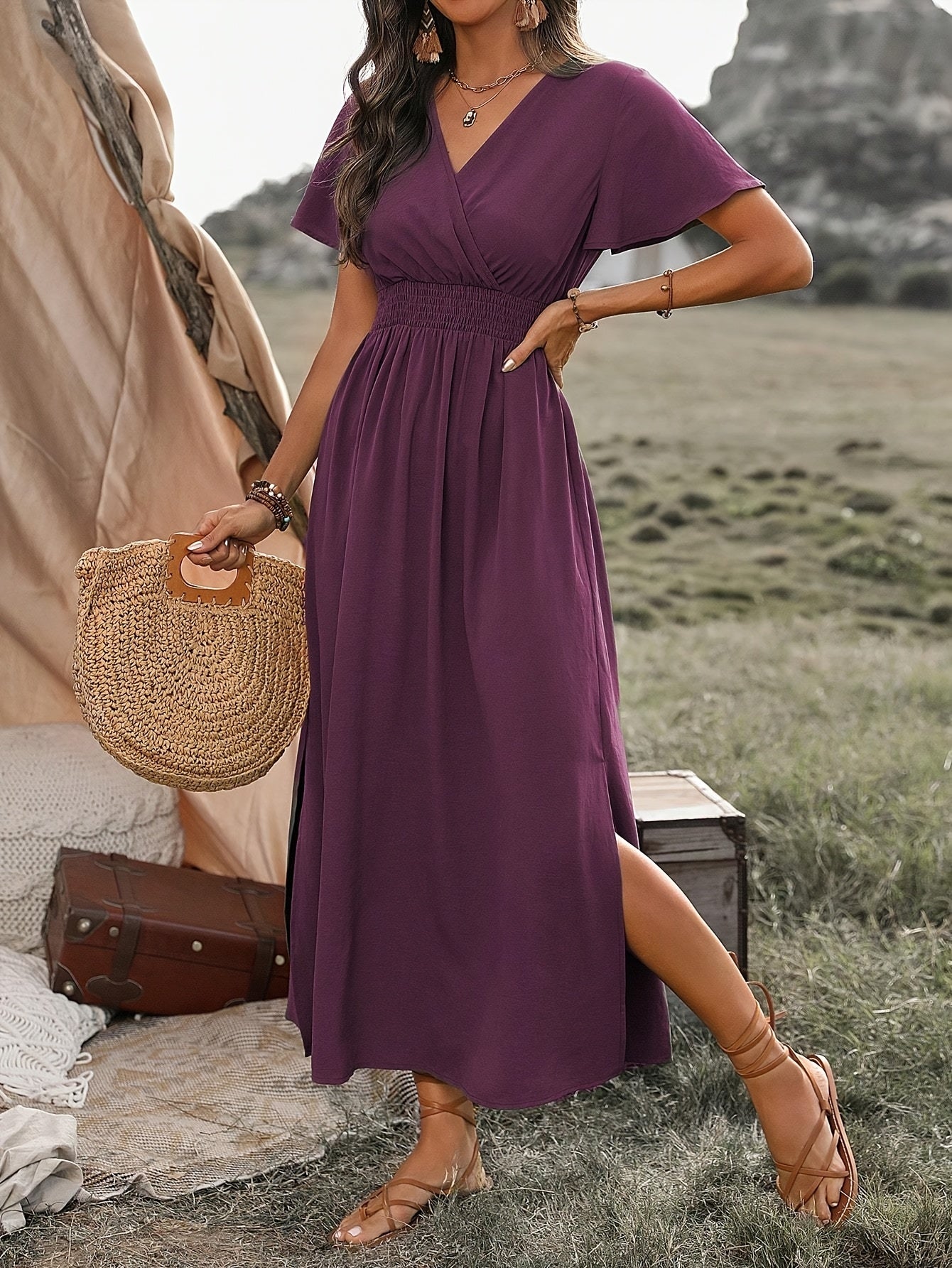 Women'S Solid Color Waist Pleated A-Line Dress