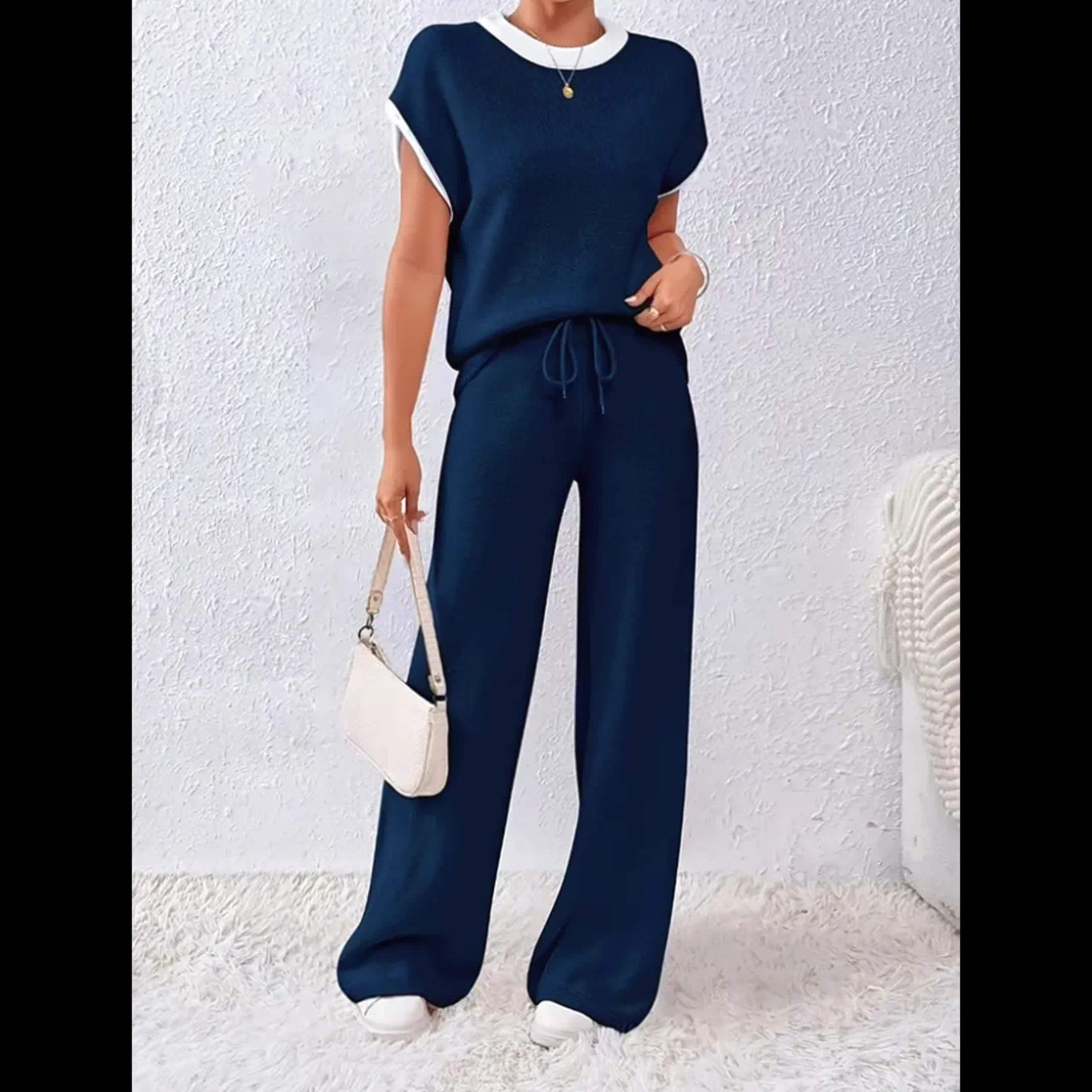 Women's leisure contrast salad rope pullover and Pants Set