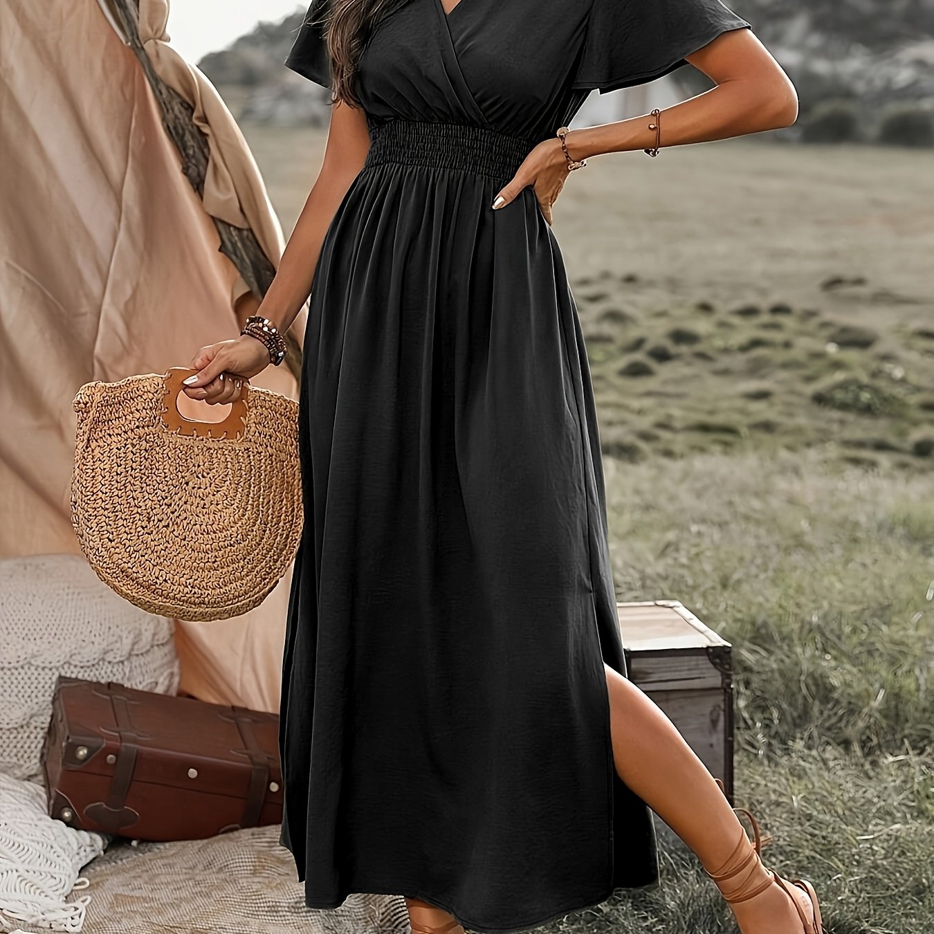 Women'S Solid Color Waist Pleated A-Line Dress
