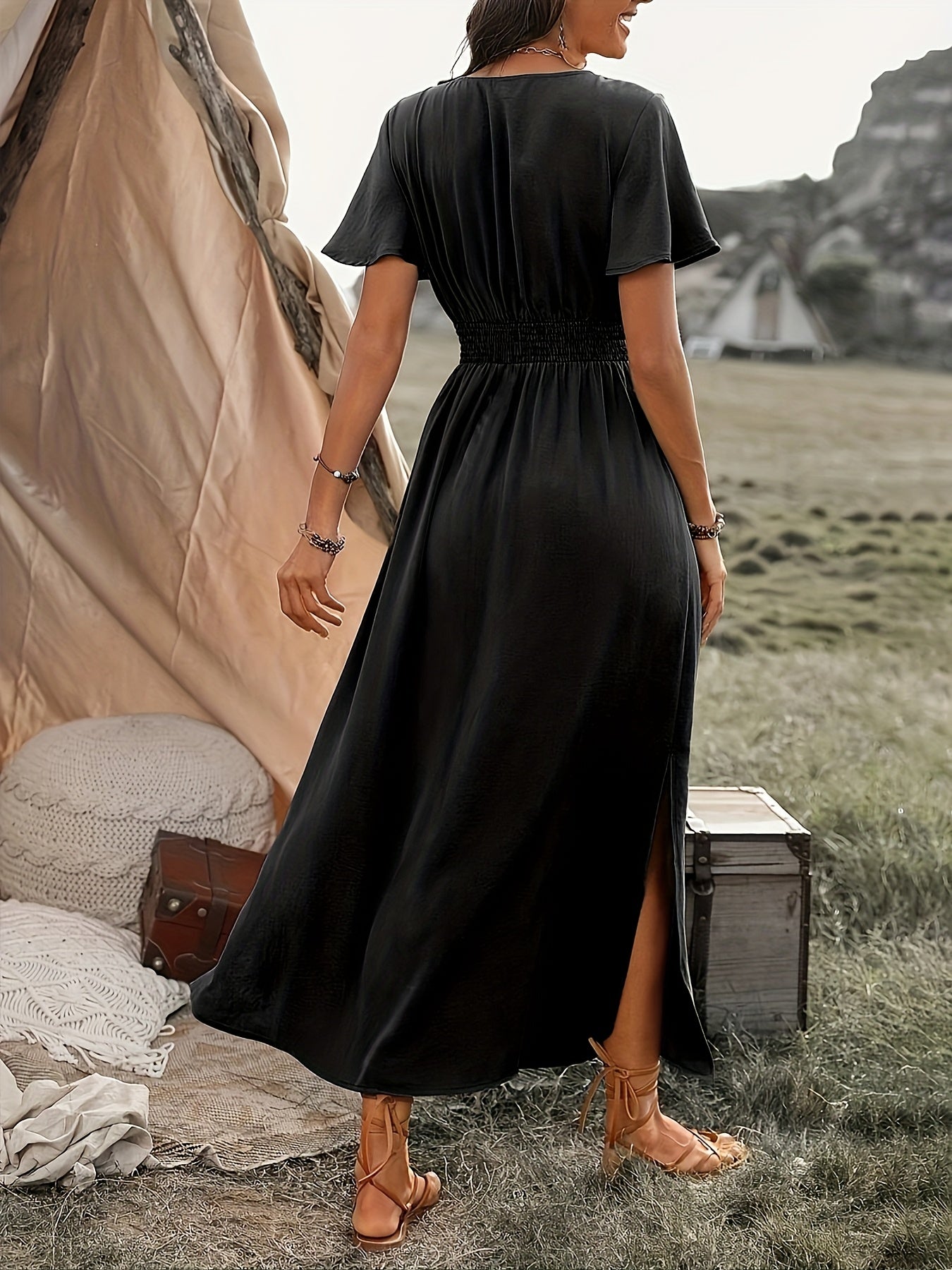 Women'S Solid Color Waist Pleated A-Line Dress