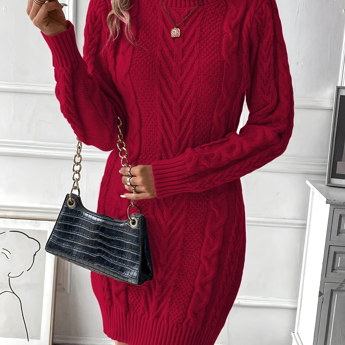 Elegant Women's Cable Knit Sweater Dress