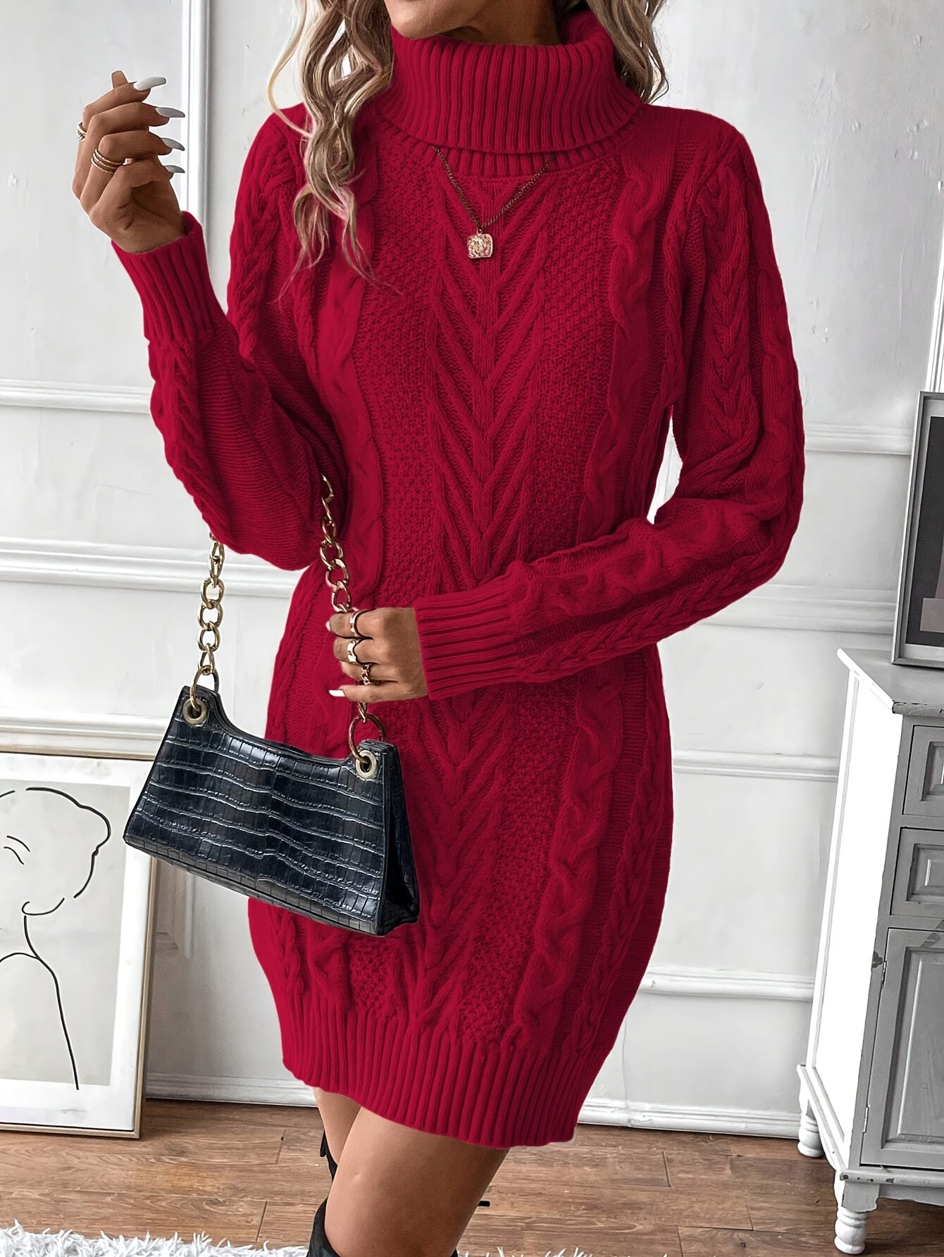 Elegant Women's Cable Knit Sweater Dress