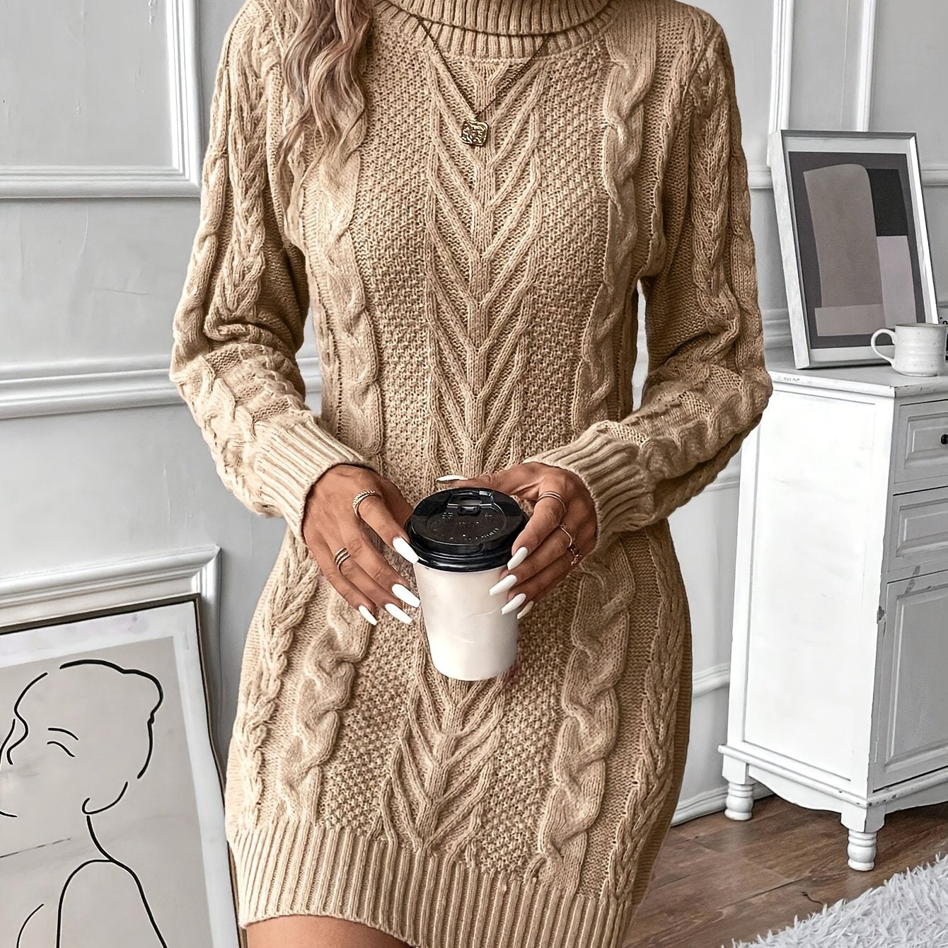 Elegant Women's Cable Knit Sweater Dress