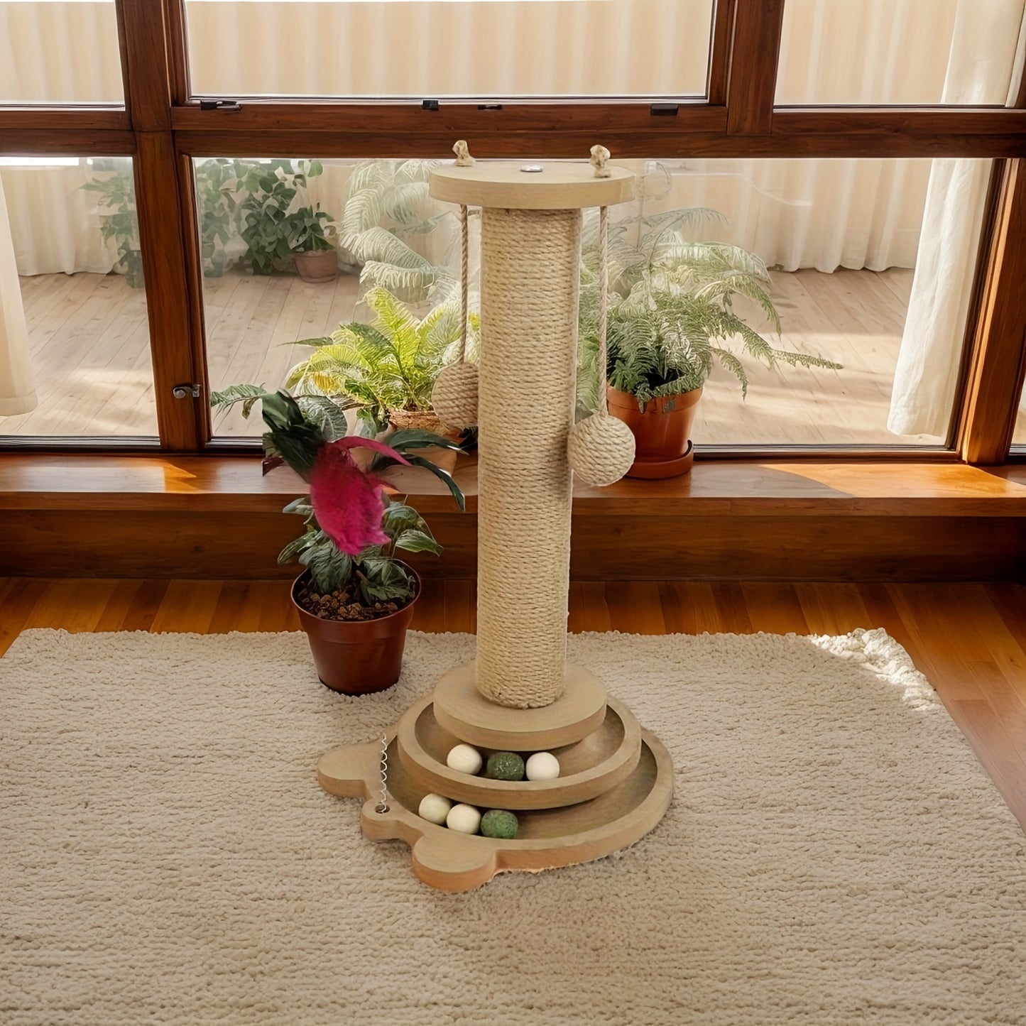 Interactive Cat Scratching Post Tower with Jute, Ball Track