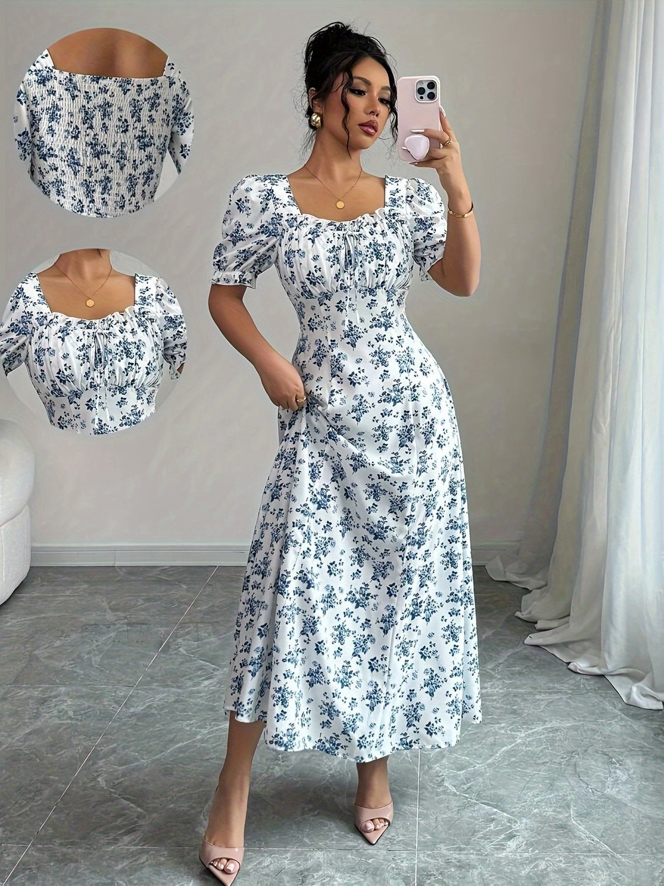 Women'S Elegant Blue & White Floral Midi Dress