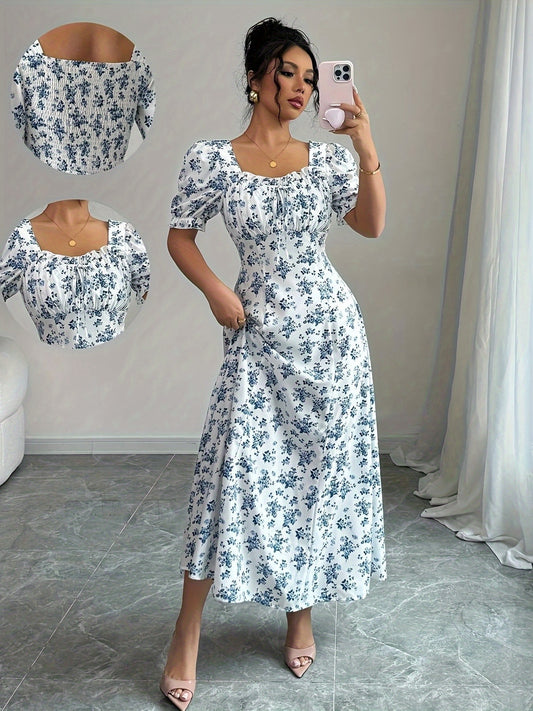 Women'S Elegant Blue & White Floral Midi Dress