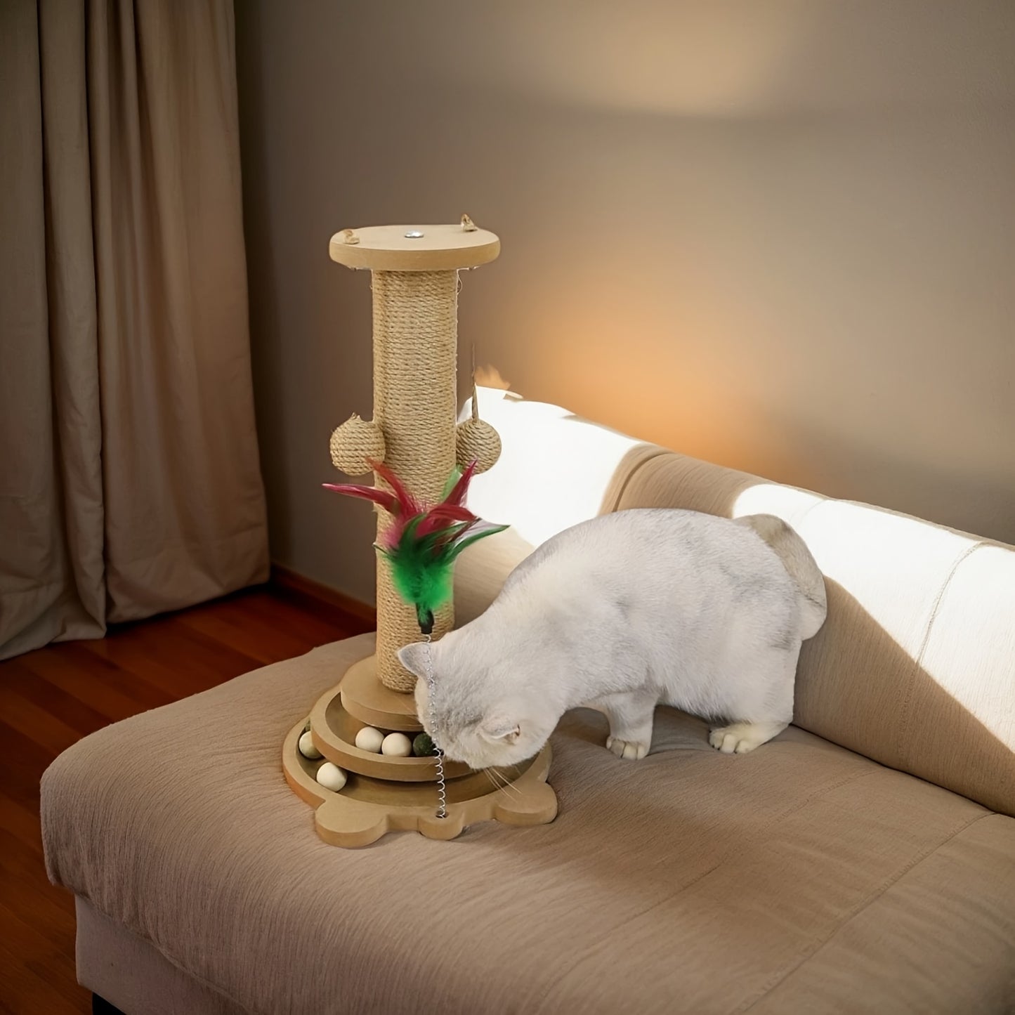 Interactive Cat Scratching Post Tower with Jute, Ball Track