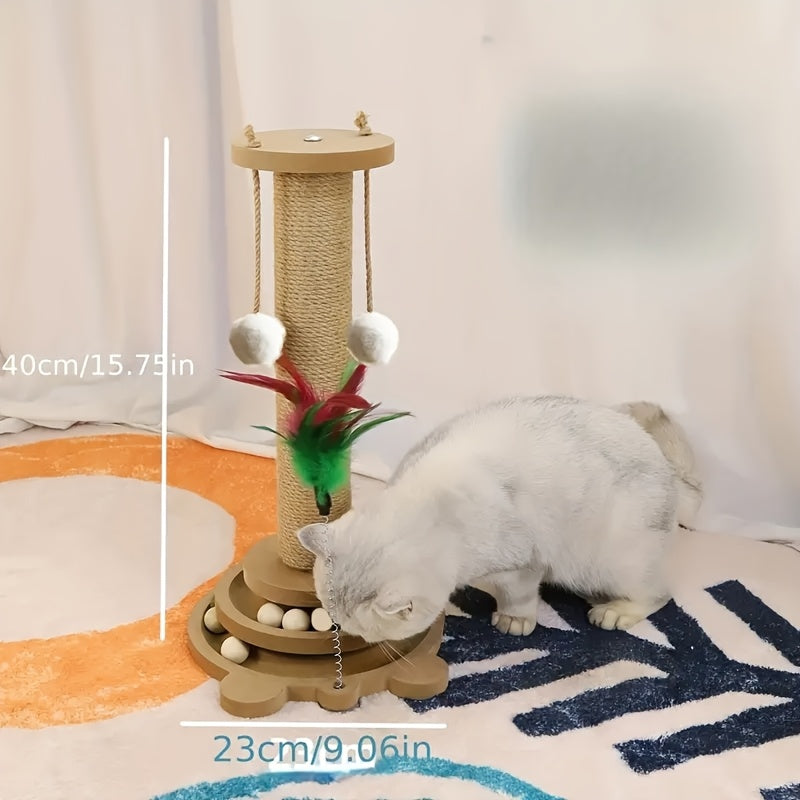 Interactive Cat Scratching Post Tower with Jute, Ball Track