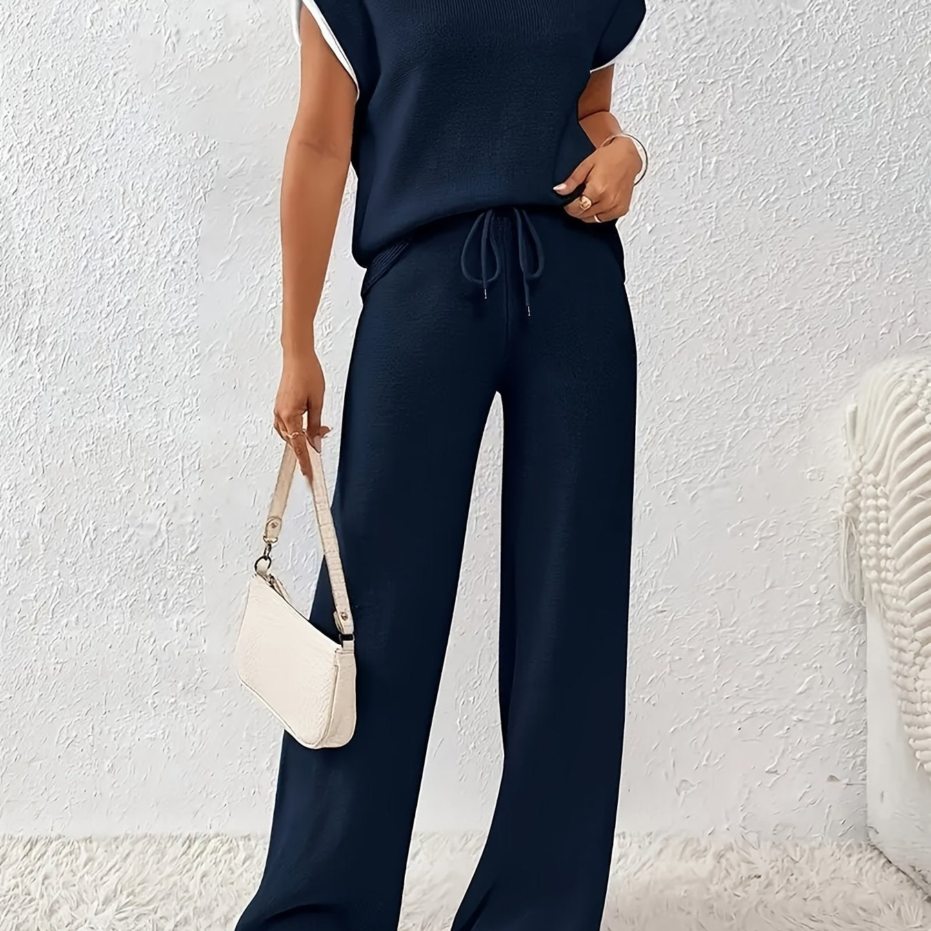 Women's leisure contrast salad rope pullover and Pants Set