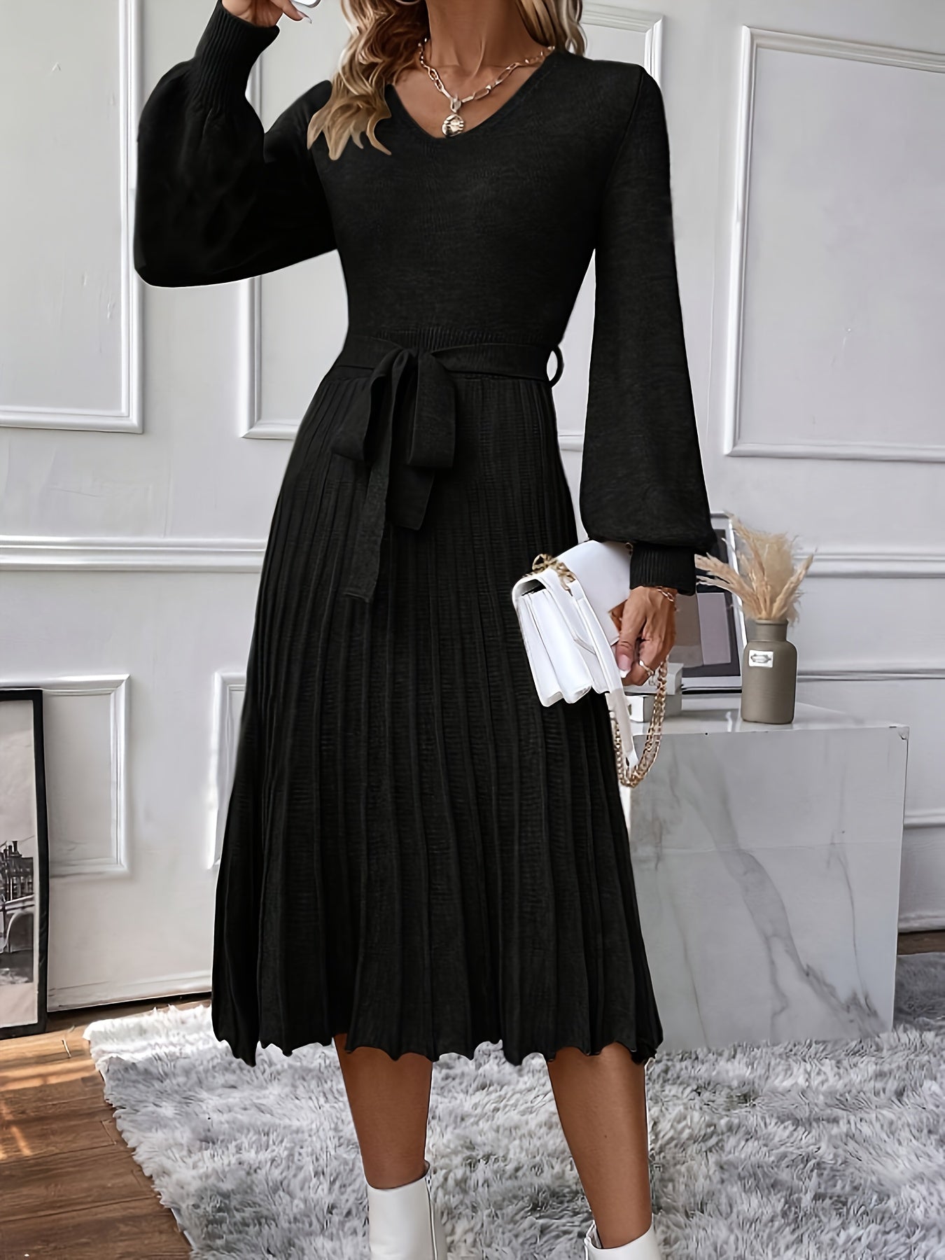 Lantern sleeve pleated hem and belted sweater dress