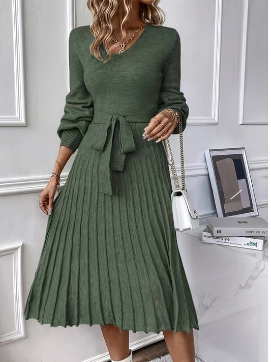Lantern sleeve pleated hem and belted sweater dress