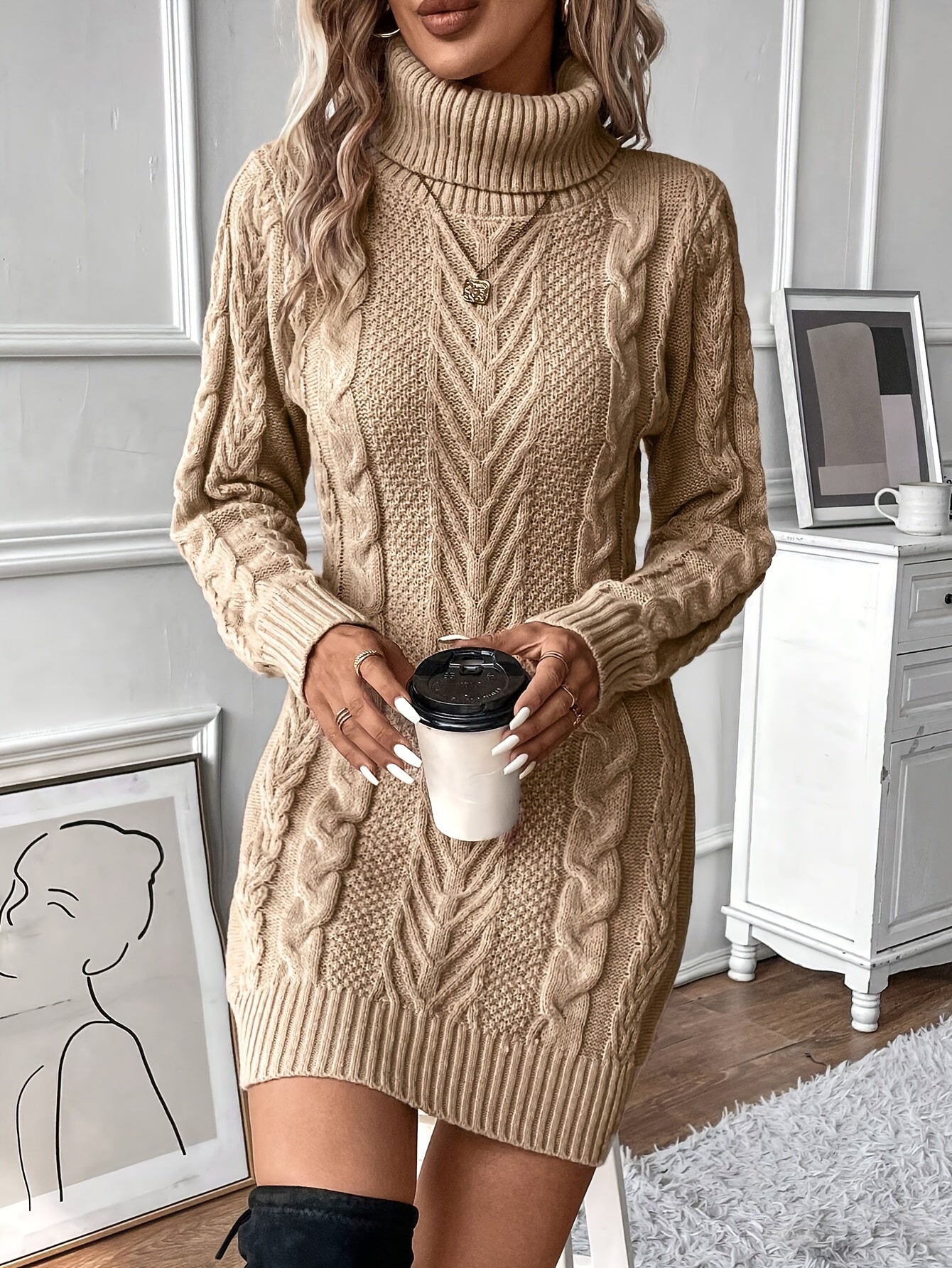 Elegant Women's Cable Knit Sweater Dress