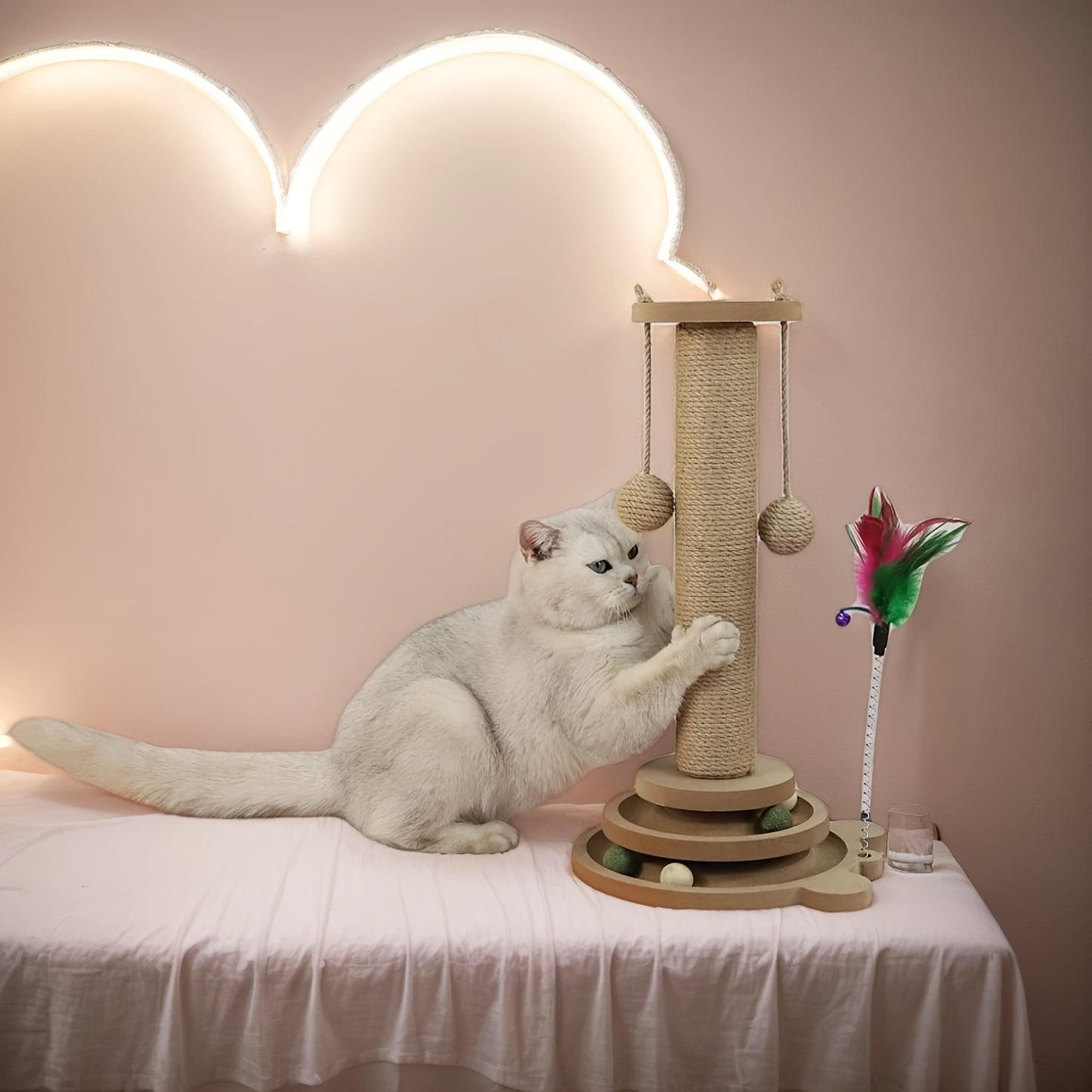 Interactive Cat Scratching Post Tower with Jute, Ball Track