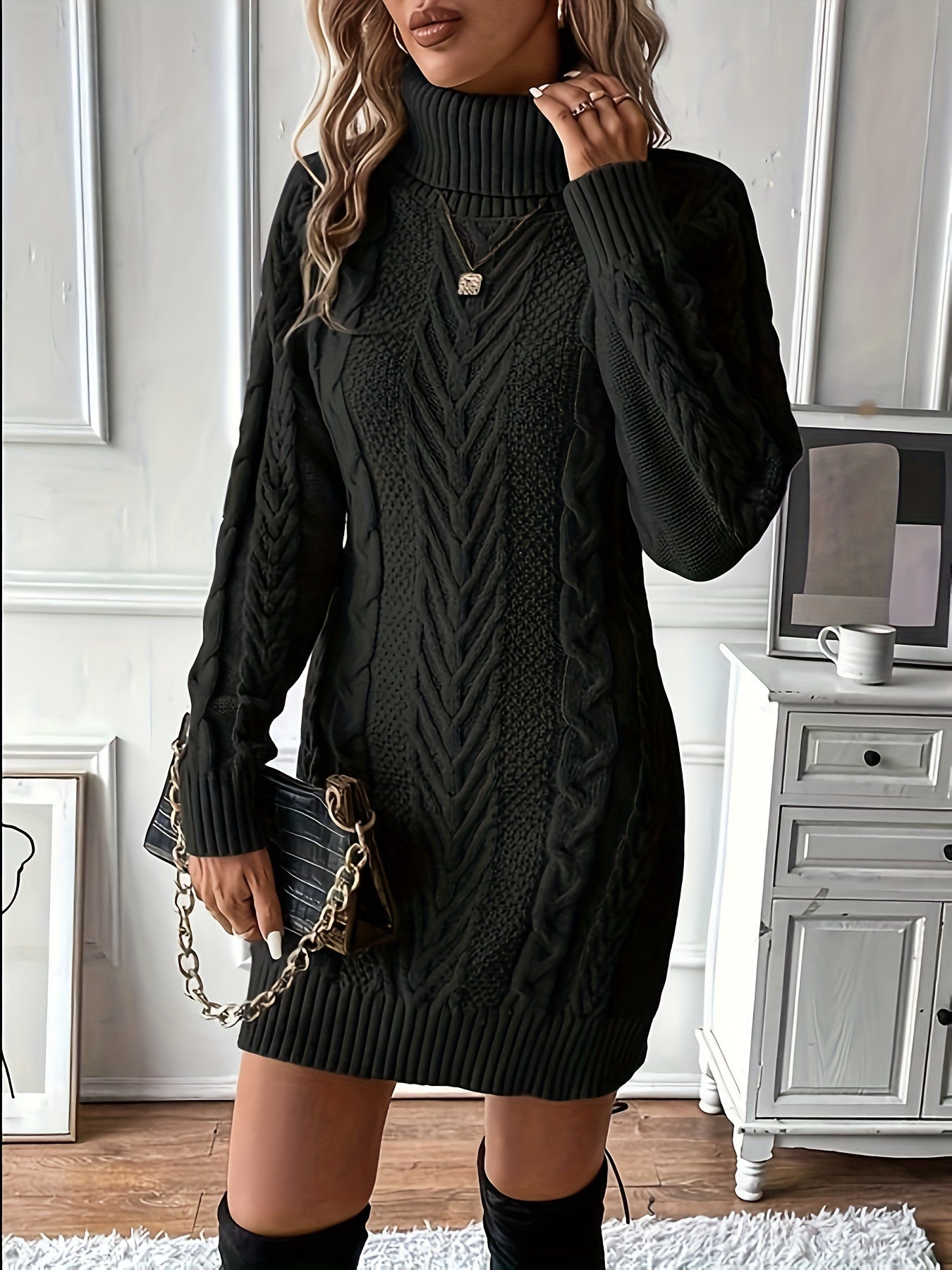Elegant Women's Cable Knit Sweater Dress