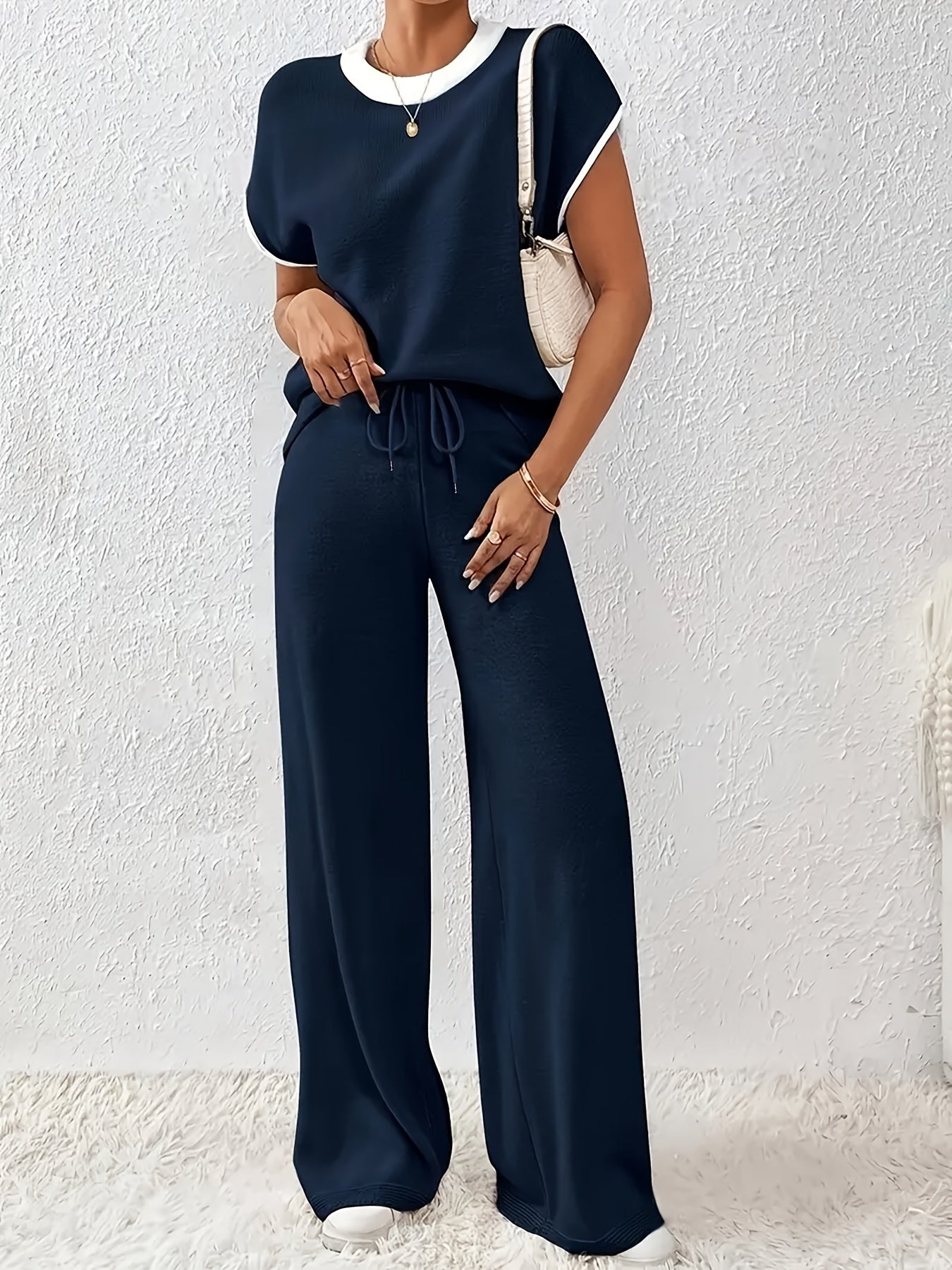 Women's leisure contrast salad rope pullover and Pants Set