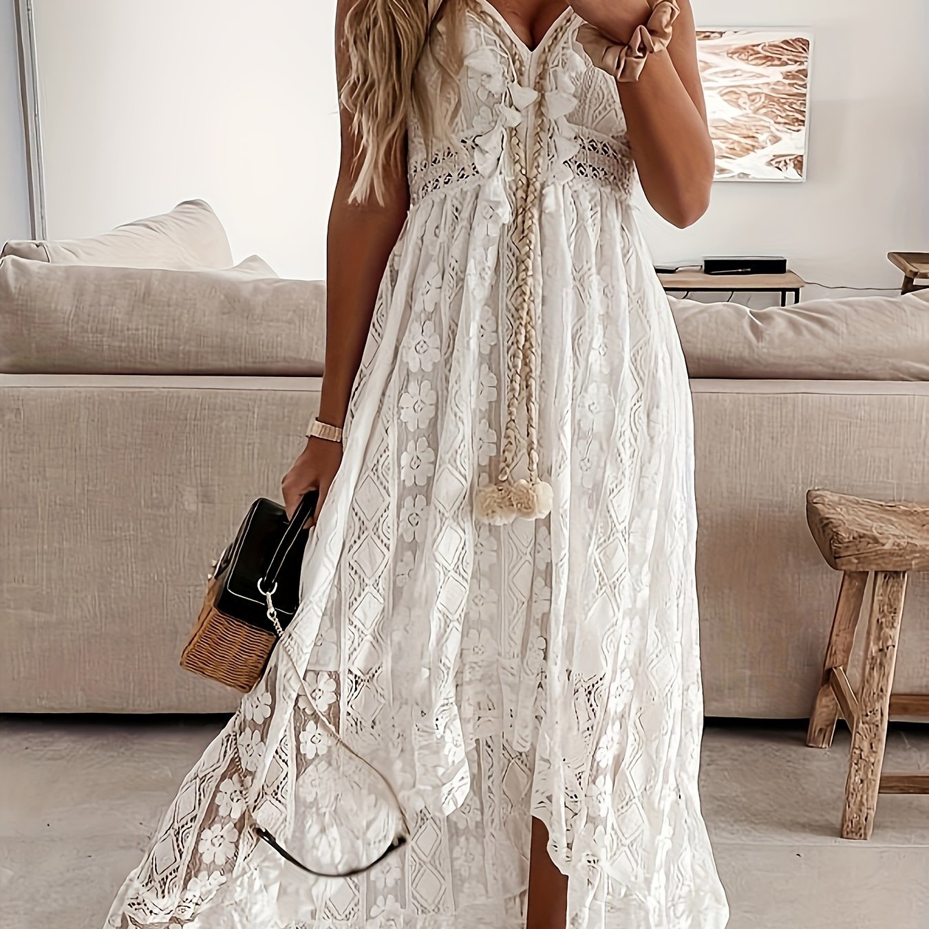 Elegant V-Neck Lace Slingback Maxi Dress