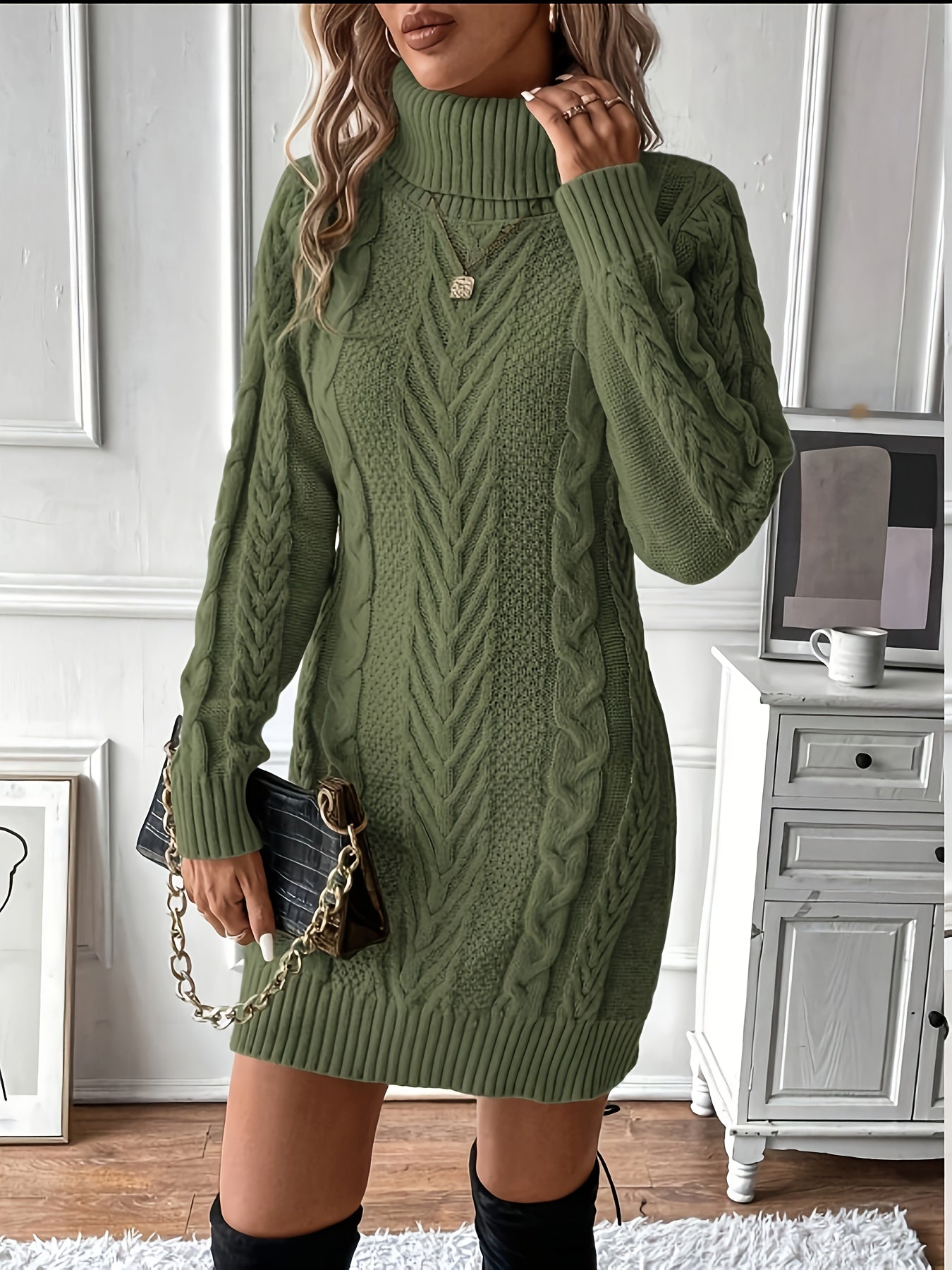 Elegant Women's Cable Knit Sweater Dress
