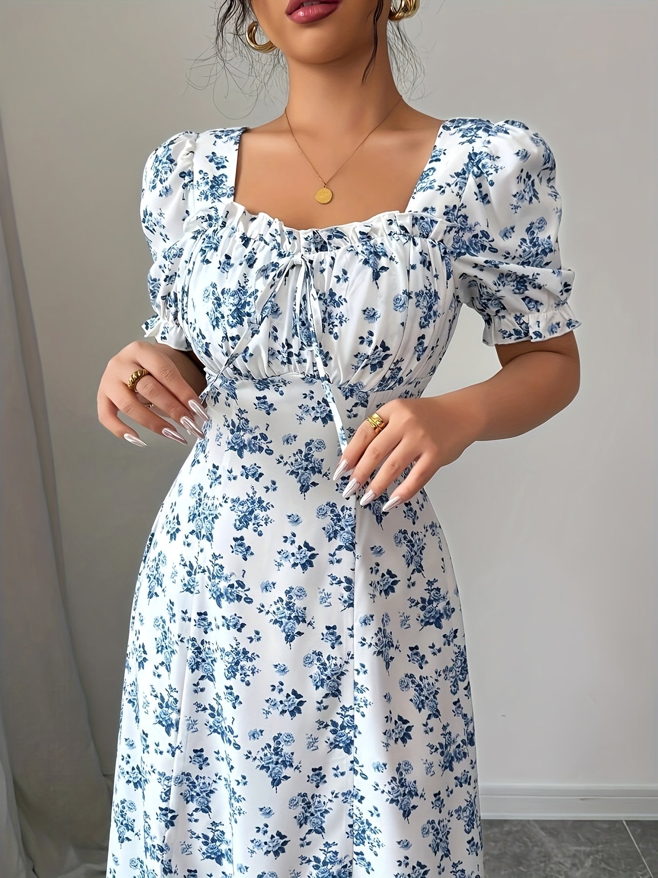 Women'S Elegant Blue & White Floral Midi Dress