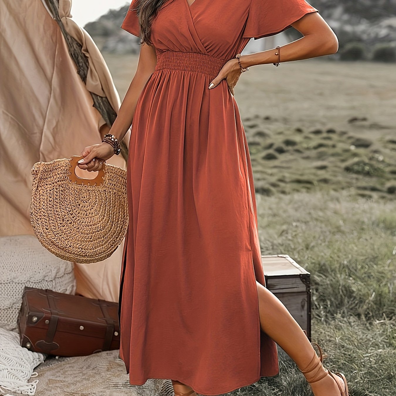Women'S Solid Color Waist Pleated A-Line Dress