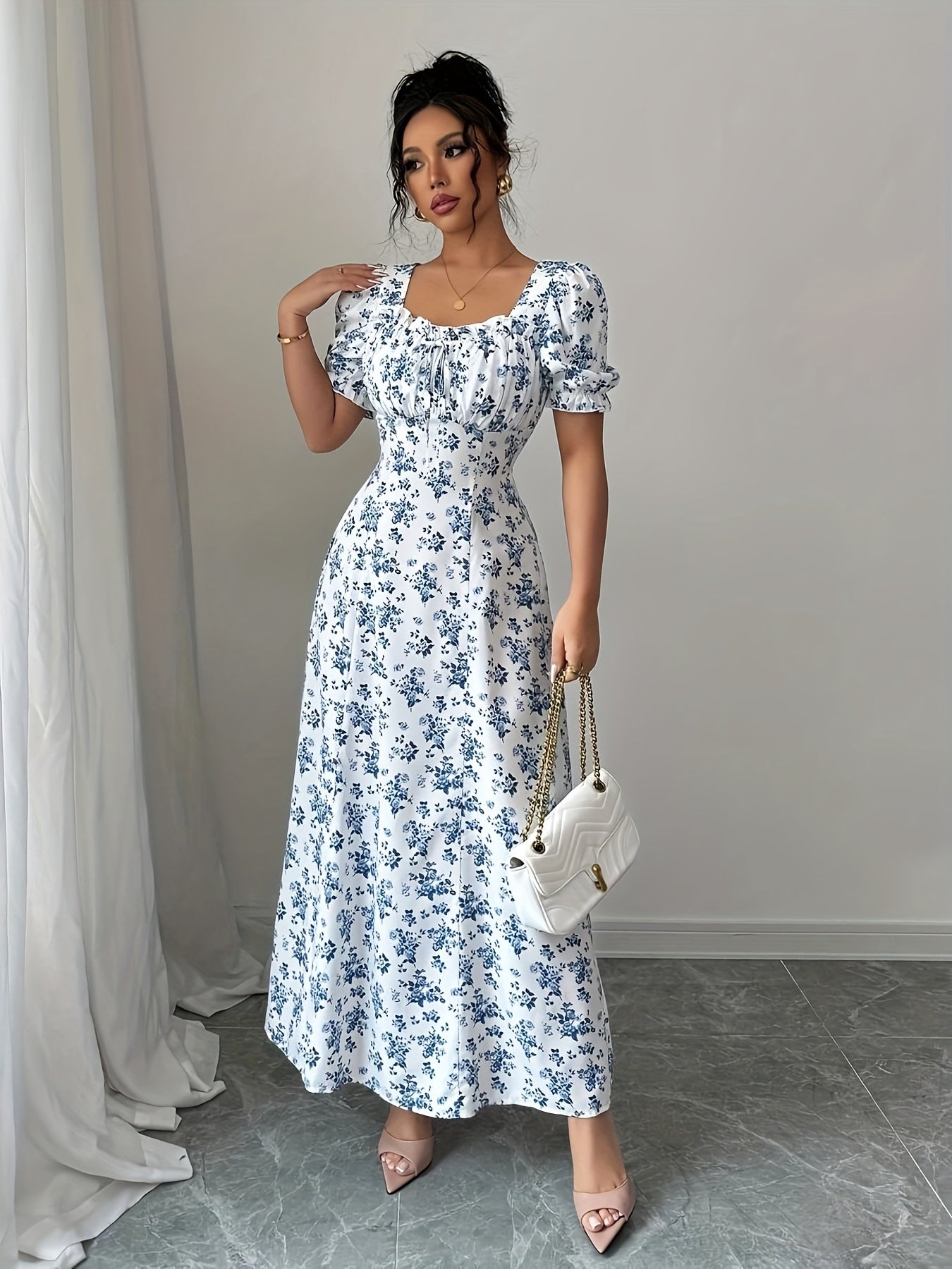 Women'S Elegant Blue & White Floral Midi Dress