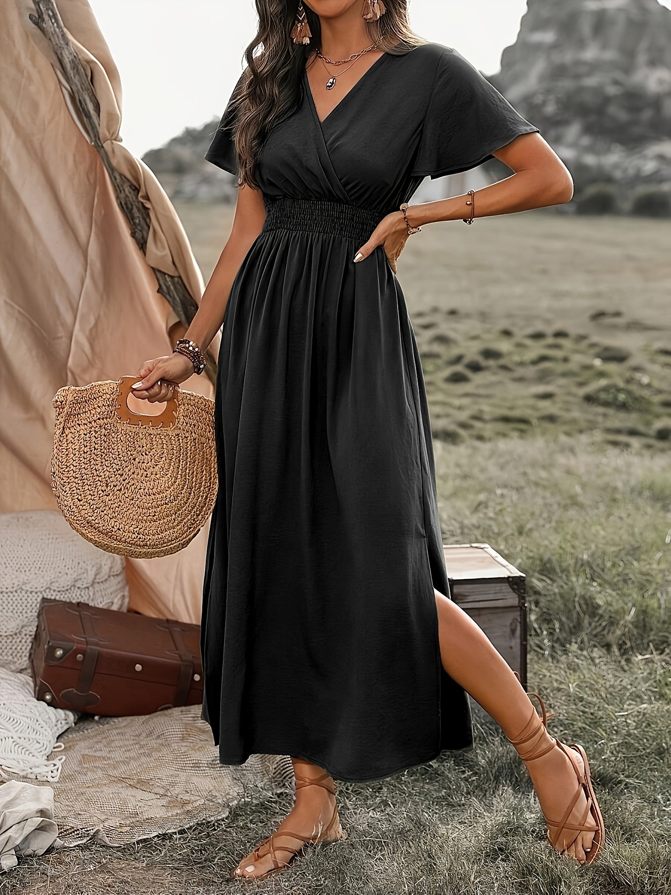 Women'S Solid Color Waist Pleated A-Line Dress
