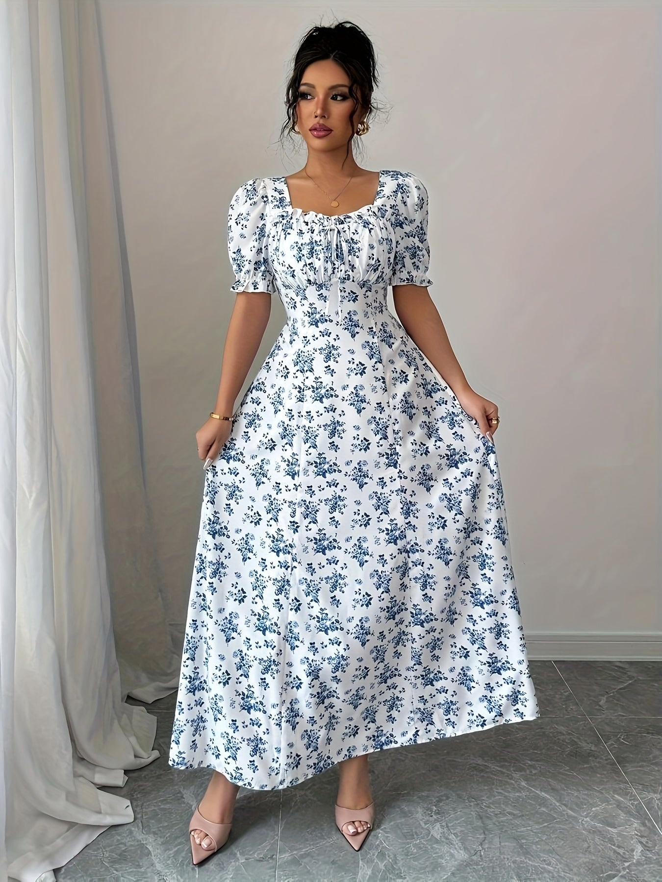 Women'S Elegant Blue & White Floral Midi Dress