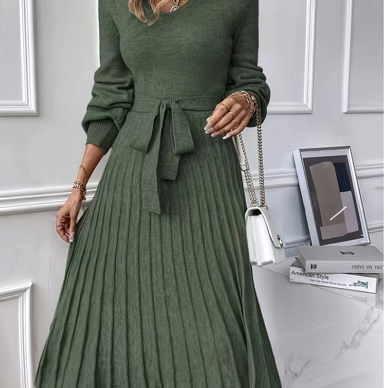 Lantern sleeve pleated hem and belted sweater dress