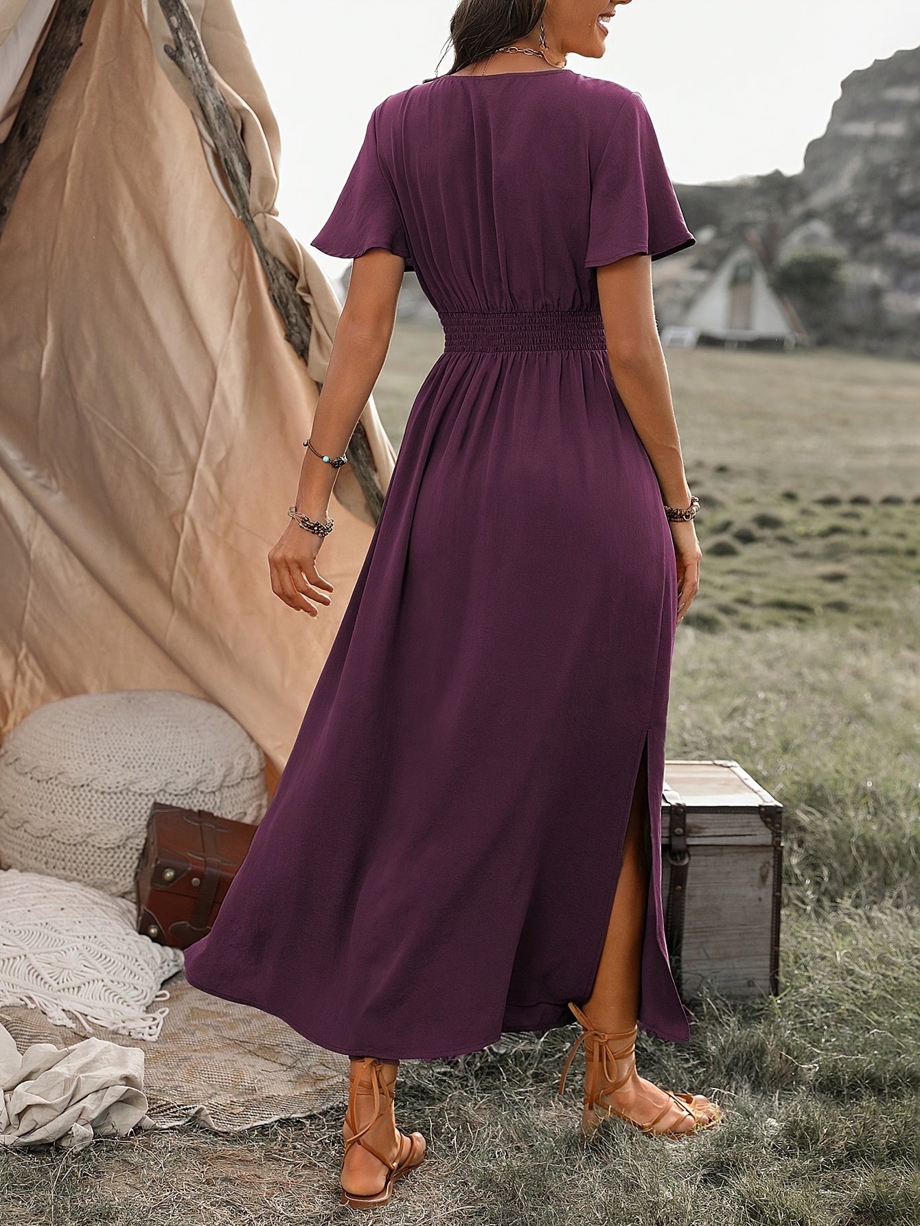 Women'S Solid Color Waist Pleated A-Line Dress