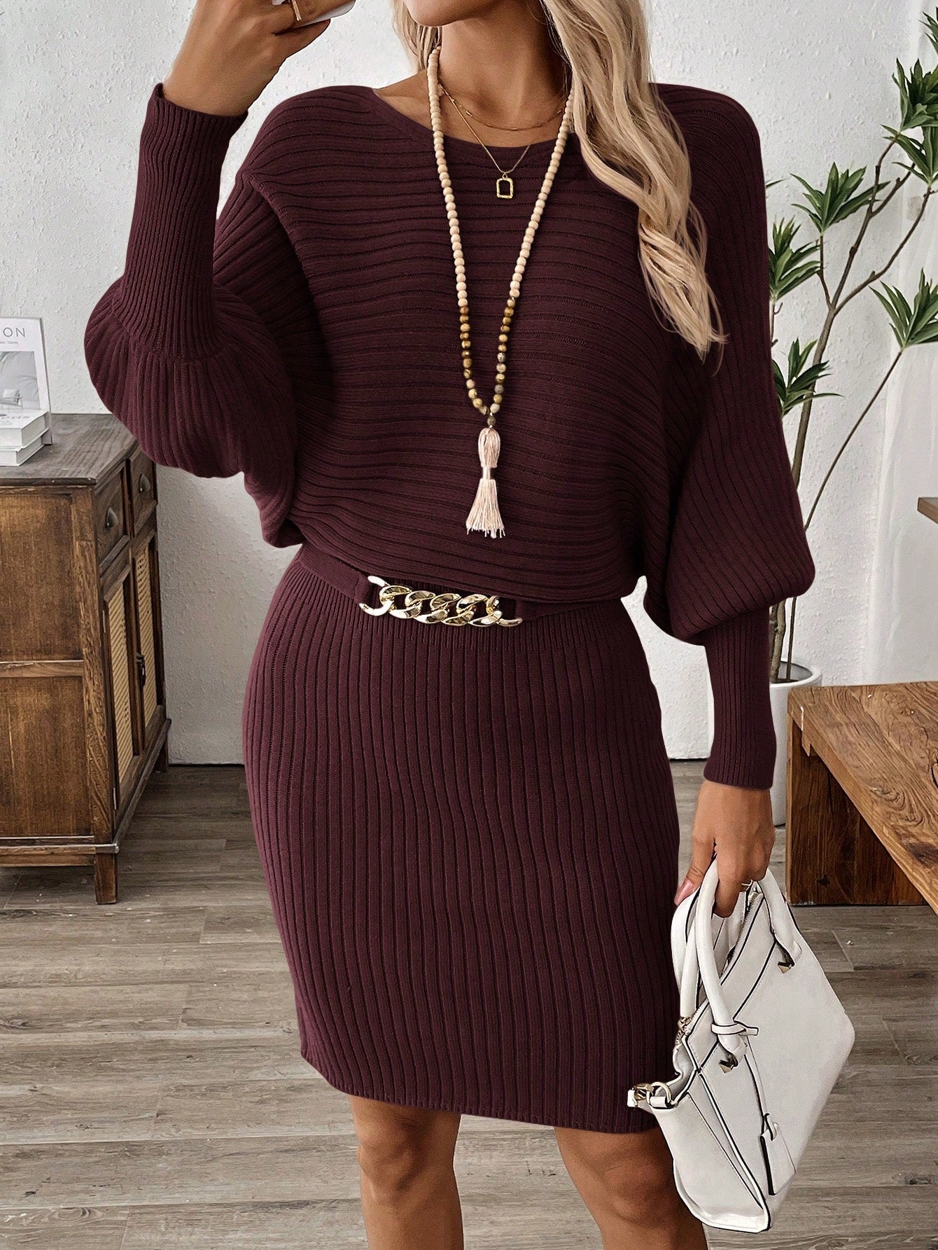 Women'S Ribbed Brown Sweater Dress