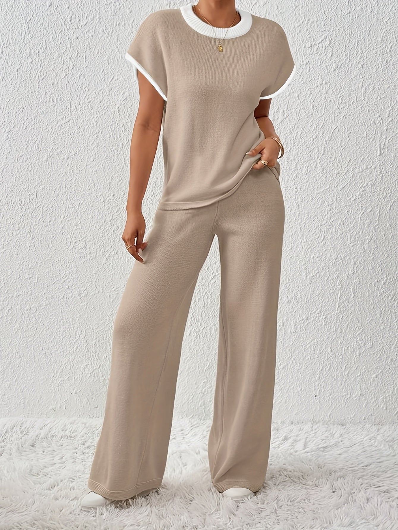 Women'S Casual Two-Piece Set with Batwing Sleeves and Drawstring Waist