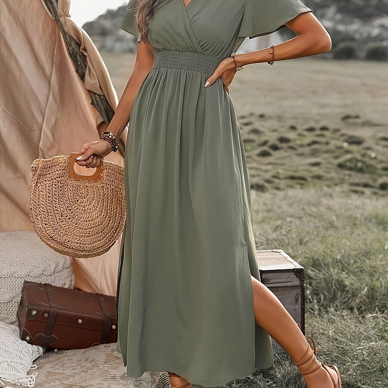 Women'S Solid Color Waist Pleated A-Line Dress