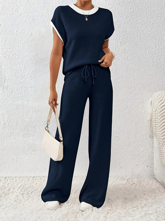 Women's leisure contrast salad rope pullover and Pants Set